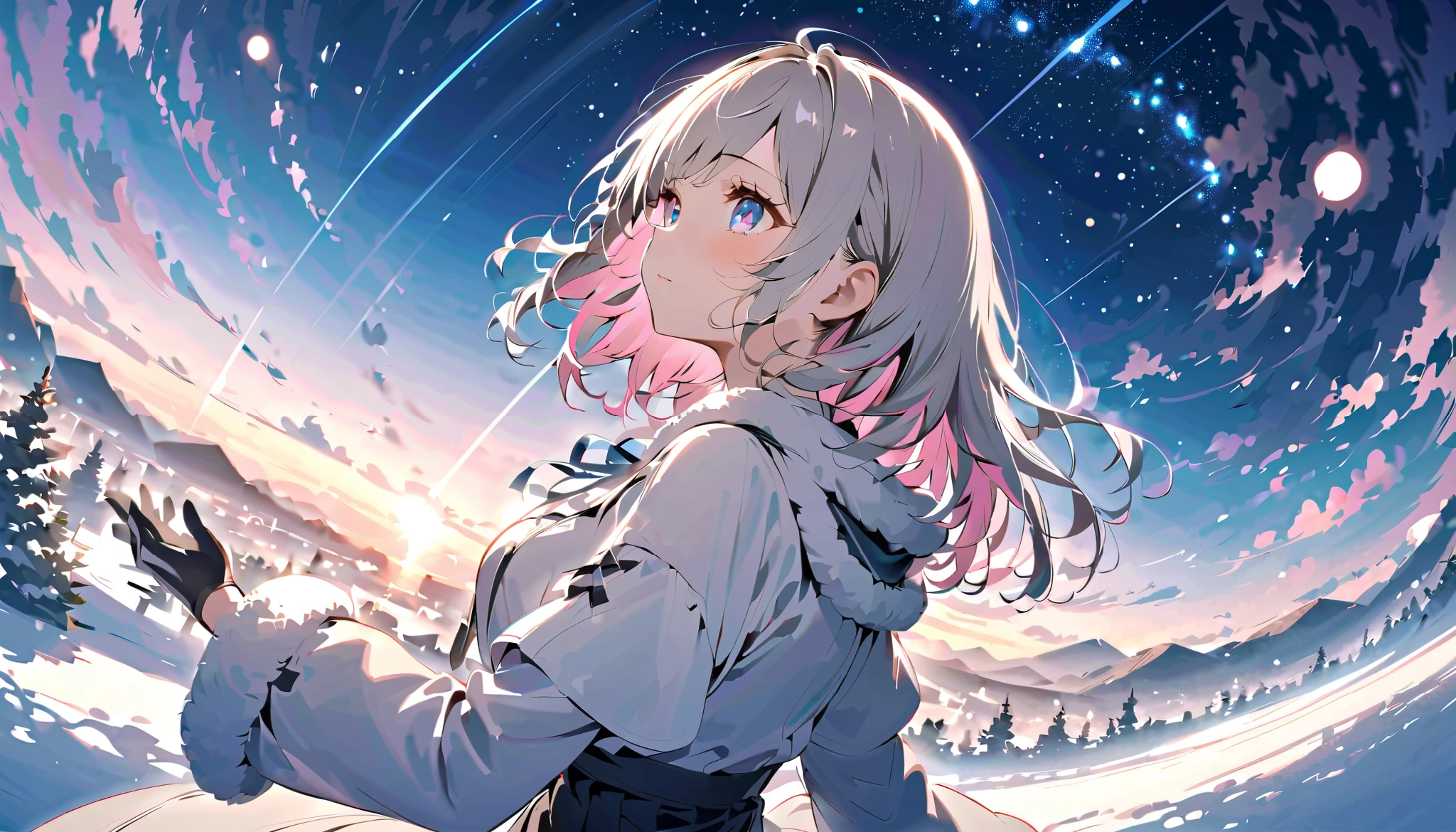 night、暗いnight、night中、、 Dark Atmosphere 、night中の暗さ、 Darkness、 Darknessで光る街灯、ベンチから見る starry sky 、 Darkness、ベンチに座って looks up at the 空、 back view、満点の starry sky 、 backlit、Snow trails 、 Profile gazing into the distance 、 満点の starry sky 、 fisheye lens、 snowy winter cityscape 、 . starry sky を looks up at the . backlit、 Rear View 、 rear view、Backwards、 snowy white road 、 white snow road 、 gloves、 muffler 、 White Breath、 starry sky 、、 Lift Your Face 、 knight の冬街、 Illuminations、 amazing light、 knight 、 thick boa coat 、 long coat and 、 muffler 、、 wear a thick coat 、 Sing in the Winter Sky 、snowy town、asymmetry bangs, swept bangs.,extends hands、 、{{{masterpiece}}}, {{{ top quality}}}, {{ super detailed }}, {beautiful detailed eye}, 1 girl ,Alone, (( gray hair)),(bangs), Angle from above、 looks up at the , girl ,Midea,eye、 dynamic angle 、Long gray hair、 pink hair 、Alone、 medium hair 、白い medium hair 、 long hair、 bob hair、 } white collar long sleeve pink shirt {x} 肩くらいまで伸びる gray hair 、 pink hair with pink tips 、 medium hair ー、 hair inner color is pink 、 hair down shoulders 、 pretty girl 、Detailed eye、Anime、 Shirogane Noel、 black skirt、 hair down shoulders 、Alone、 1 girl 、E art style 、 The light shines 、Beautiful Shadows、Alone、
