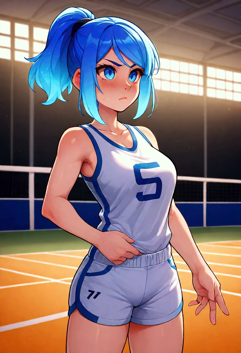 **Prompt:**  
"Create an image of a sexy volleyball player with vibrant blue hair tied back in a sporty and stylish way. She is wearing a white sports tank top and matching white shorts, emphasizing her athletic and confident appearance. The setting is a modern indoor volleyball court with dramatic, dynamic lighting that highlights her presence. She is holding a volleyball and posing with a mix of confidence and energy, reflecting both playfulness and competitiveness. The overall style is vibrant and detailed, showcasing her sporty charm and dynamic personality."