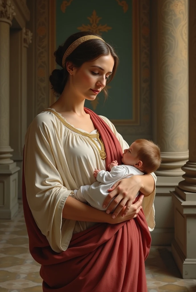 At the time of Ancient Greece, A mother wrapped in a white dress, como uma folha, Stroll around the porch of your house made of stones and marble. Com ternura, Hold your newborn in your arms. The image radiates the protection and affection of a strong mother. O estilo de pintura lembra Da Vinci, capturando a cena com um realismo terno. The combination of stones and marble with the purity of the moment creates a timeless vision of maternal love