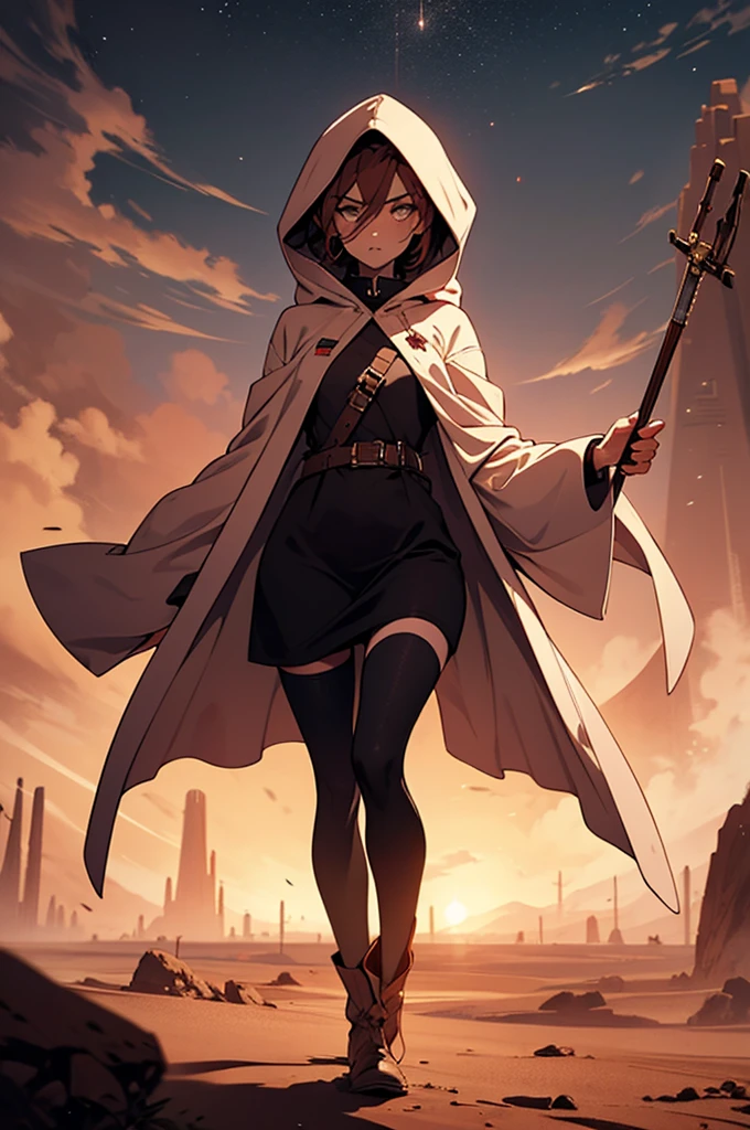 A captivating depiction of a Martian nomad, a striking woman with windswept auburn hair peeking out from under a tattered, hooded survival cloak. Her attire is a mix of rugged, form-fitting fabric and metallic accents, designed for survival in the harsh Martian environment. Her piercing eyes, reflecting both defiance and resilience, are framed by freckles across her sun-kissed skin. She carries a sleek, futuristic staff with glowing blue energy cores, hinting at hidden technology.
The scene is set in the middle of a Martian desert under a swirling, dust-laden sky. Towering crimson rock formations and endless dunes surround her, with faint remnants of ancient alien structures visible in the distance. Her pose is dynamic yet graceful, one foot on a dune, her gaze focused on the horizon, as if seeking something vital.
The atmosphere is rich with vivid, warm tones, the glowing staff and small bits of advanced tech adding cold, vibrant blue contrast to the red and orange Martian backdrop. Detailed textures on her cloak and boots, the fine dust clinging to her attire, and the intensity of the harsh sunlight create an immersive, high-resolution composition