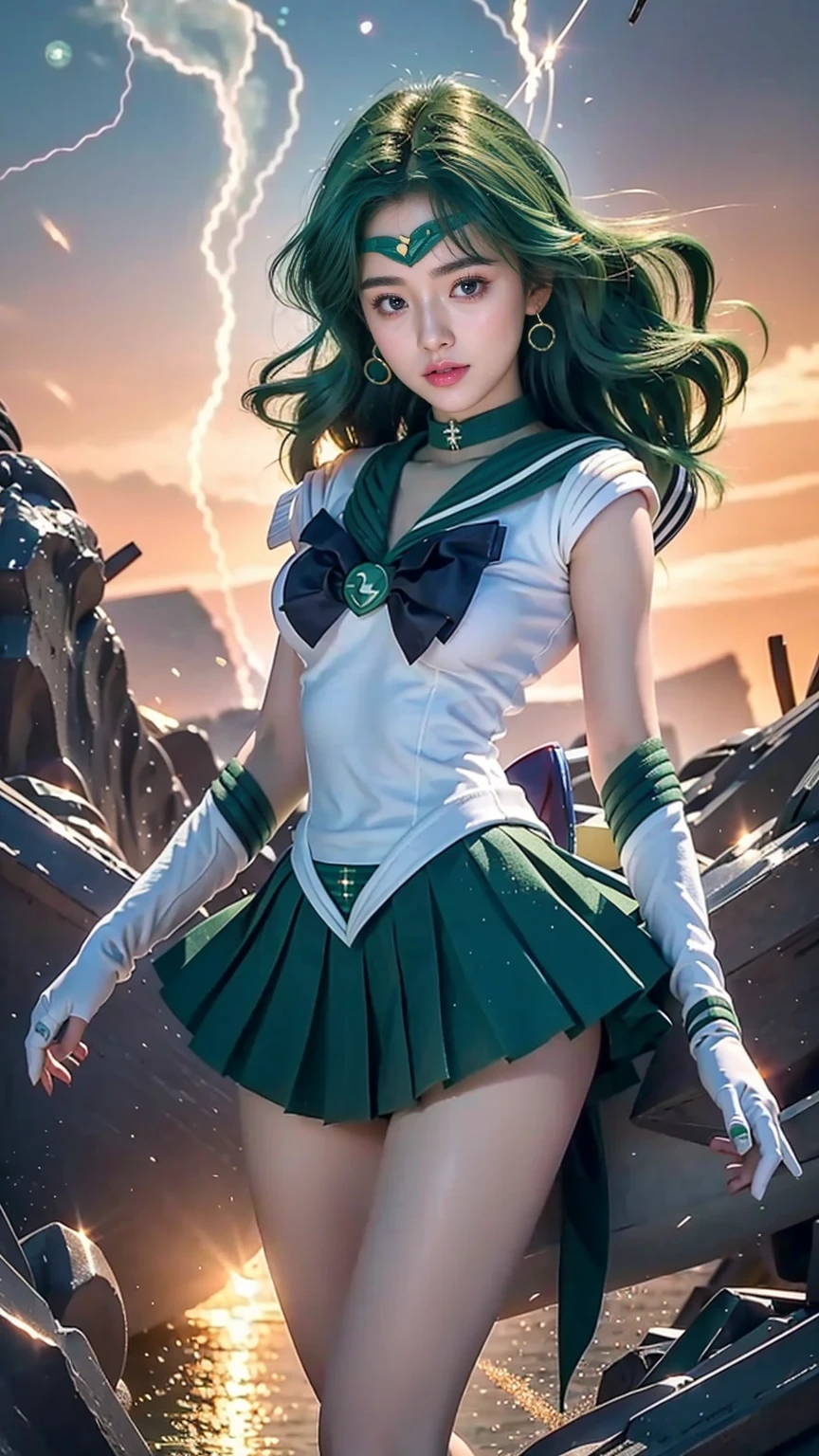 close-up, 1girl, sailor neptune, (sailor senshi uniform:1.2), (aqua eyes:0.9), dark green hair, medium hair, plead skirt, best quality, earrings, masterpiece, high resolution, intricate details, (( realistic )), photographic, (white elbow gloves:1.1), jewelry, Medium breast, full body, Dynamic background, dynamic posture,