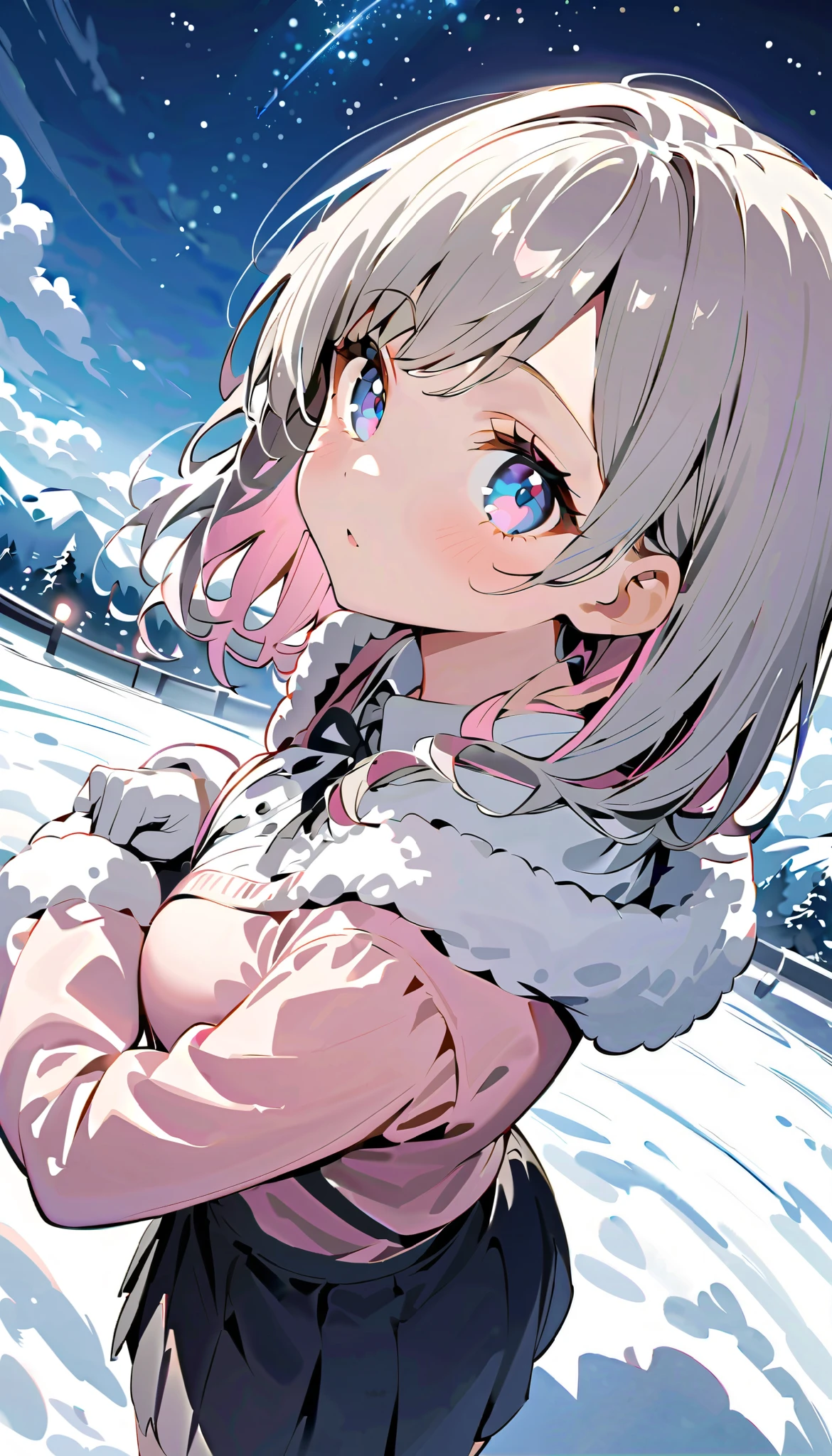 night、暗いnight、night中、、 Dark Atmosphere 、night中の暗さ、 Darkness、 Darknessで光る街灯、ベンチから見る starry sky 、 Darkness、ベンチに座って looks up at the 空、 back view、満点の starry sky 、 backlit、Snow trails 、 Profile gazing into the distance 、 満点の starry sky 、 fisheye lens、 snowy winter cityscape 、 . starry sky を looks up at the . backlit、 Rear View 、 rear view、Backwards、 snowy white road 、 white snow road 、 gloves、 muffler 、 White Breath、 starry sky 、、 Lift Your Face 、 knight の冬街、 Illuminations、 amazing light、 knight 、 thick boa coat 、 long coat and 、 muffler 、、 wear a thick coat 、 Sing in the Winter Sky 、snowy town、asymmetry bangs, swept bangs.,extends hands、 、{{{masterpiece}}}, {{{ top quality}}}, {{ super detailed }}, {beautiful detailed eye}, 1 girl ,Alone, (( gray hair)),(bangs), Angle from above、 looks up at the , girl ,Midea,eye、 dynamic angle 、Long gray hair、 pink hair 、Alone、 medium hair 、白い medium hair 、 long hair、 bob hair、 } white collar long sleeve pink shirt {x} 肩くらいまで伸びる gray hair 、 pink hair with pink tips 、 medium hair ー、 hair inner color is pink 、 hair down shoulders 、 pretty girl 、Detailed eye、Anime、 Shirogane Noel、 black skirt、 hair down shoulders 、Alone、 1 girl 、E art style 、 The light shines 、Beautiful Shadows、Alone、