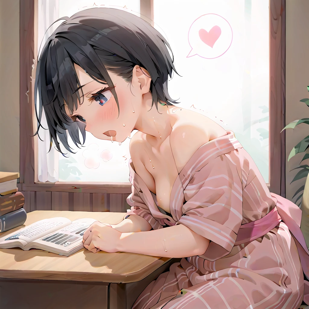 (masterpiece,beautiful,hughres,CG,8k,16k,best quality,high-resolution,detailed eyes:1.5),anime,source anime,illustration,(face close up:1.2),from side,(1girl,Alone:1.5),(indoor:1.5),Glass window,(Open book),Planting,(across table:1.6),(kotatsu:1.6),(in the kotatsu:1.6),(head down:1.6),Plunge into the kotatsu ,profile,(arms at sides,Put your arm in the kotatsu ,no-hands:1.6),(black hair:1.5),black eyes,(short hair,bangs:1.4),( light pink yukata :1.5),(off-shoulder),small breasts,(sitting),( masturbating inside the kotatsu:1,1),(female orgasm:1.3),(trembling:1.4),(gasping,heavy breathing,blush:1.5),(impatience1.1),flustered,(fidgeting around:1.4),(steam:1.2),(sweat skin,sweat:1.4),(streaming tears:1.3),(drooling:1.1),(looking away:0.5),(looking down:1.4),(spoken heart:1.3),(narrow one's eyes:1.6),(open mouth:1.2)