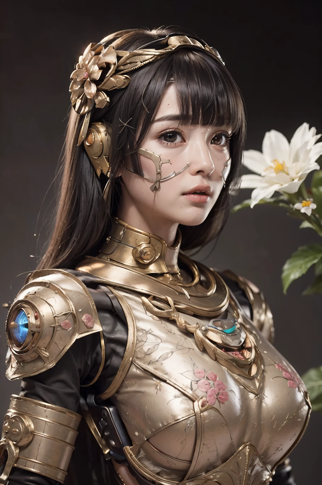 (masterpeace), ((super real photography: 1.5)), ((photo realistic: 1.3)), (real photo), 
young girl with a lot of flowers, ((A young girl robot: 1.5)),  (bust statue: 1.3), 
BREAK
headgear, ((real metalic skin)), ((beautiful face: 1.5)), ((Super cute: 1.5)), ((babyface: 1.5)), ((well-balanced face)), longeyelashes, stunning big eyes, luscious glossy lips, ((blunt bangs: 1.5)), (long hair), 
BREAK
(slender body: 1.3), petite bust, flower bloom, (flowers: 1.5),
BREAK
High-Mechanic body, octane rendering, Super Detailed machine, ((connected electric cables)), 
BREAK
(simple background: 1.3), ((bust shot: 1.3)), cinema quality, professional photograph, (photo studio: 1.5), (Bright Light: 1.2), Eye-Level Shot, wide lens, (fujifilm 35mm), (film photo), RAW, Excessive Embellishment, UHD, 
BREAK
anatomically correct, textured skin, best quality, 8k