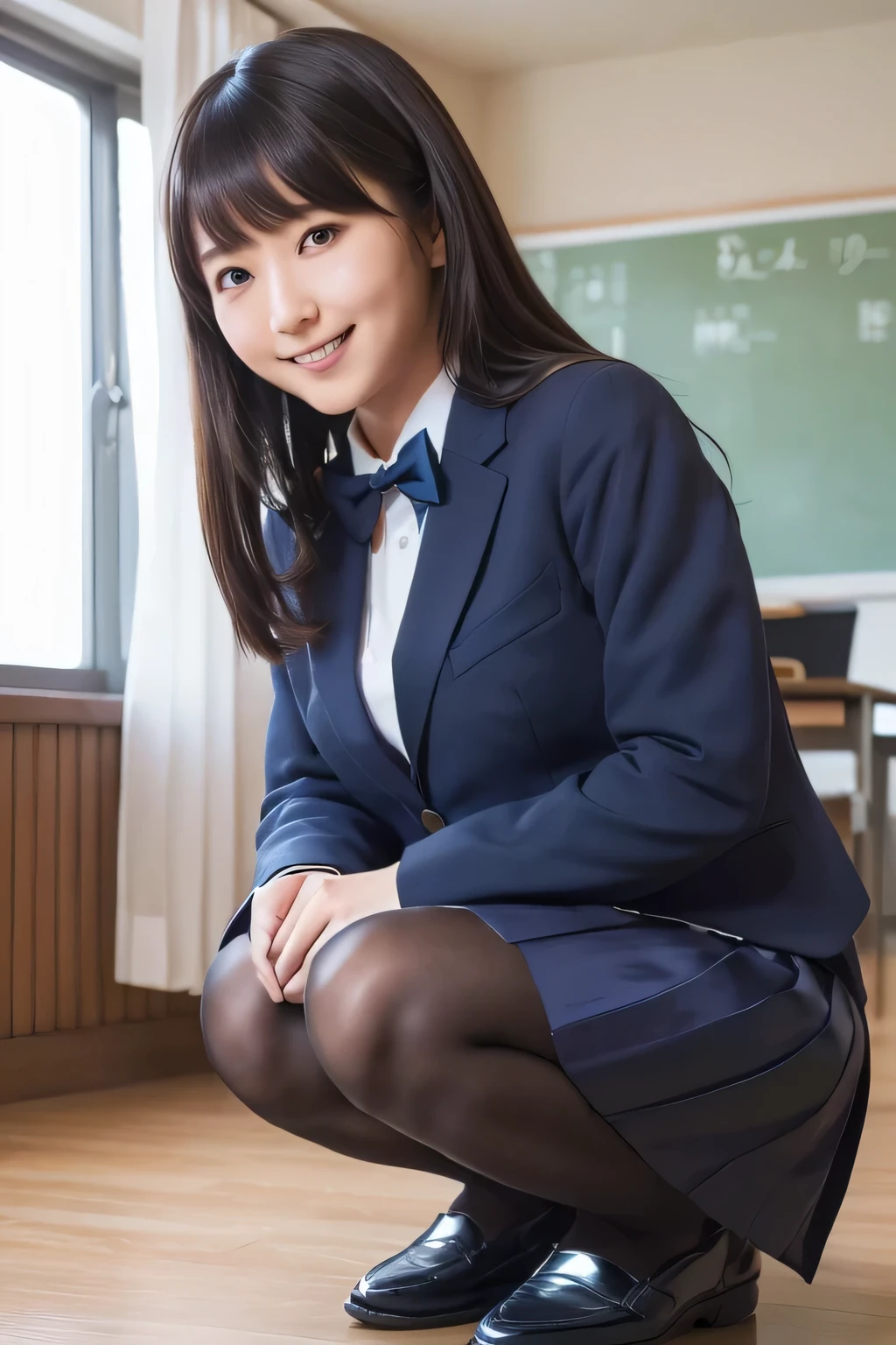 highest image quality taken by Ki、HDR、(( navy blue jacket ))、((Long tight skirt that hides the knee in plain navy blue ))、White blouse、((navy blue plain large bow tie))、((( black pantyhose)))、(( black loafers))、((Full body image of a crouching figure ))、 cute high school girl with long hair and tentacles、Height: 160cm、 smile like an idol、 smiling and smiling、 professional writing、(( crouching in a high school classroom))、(( highest image quality taken by Ki)),((Beautiful double eyelids ))、（ long lashes）、((( The blazer and skirt are the same dark blue color and the material is the same)))、(( dark brown shiny hair ))、((Model Face Change ))、(( Ribbon Design Change))、((No handkerchief))、 very short hair、G-Cup、(( best smile ))、As cute as a popular idol、((The jacket and skirt are the same color))、(( front angle )), ((RIHO YOSHIOKA))、((squating)), ((looking down)), ((look at the viewer))