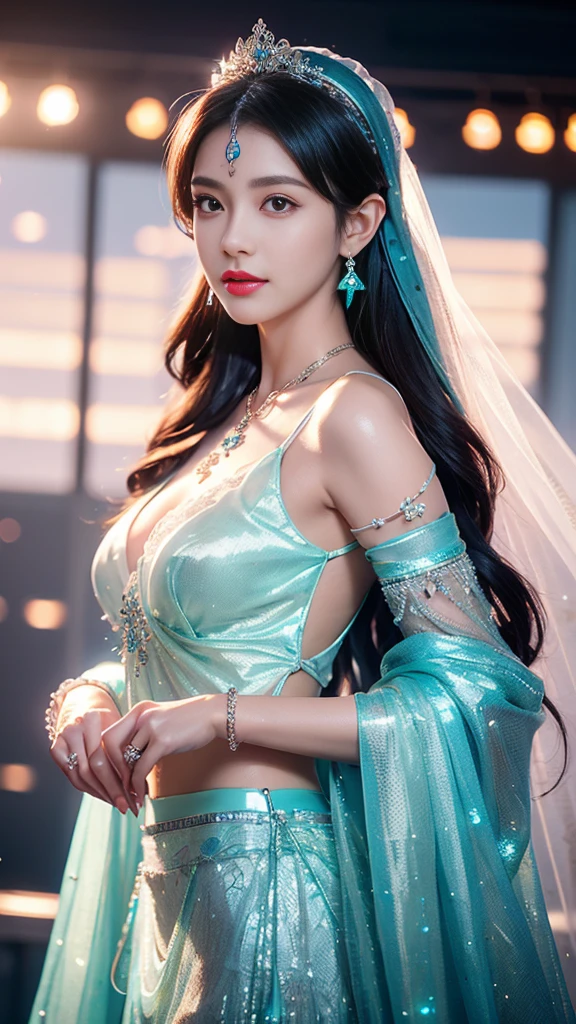 Ancient Chinese woman, 25 age old, Sexy tulle saree, DAY TIME, yamamura, Calm and indifferent, Detailed body, 详细的脸, oily body, a gorgeous, hyper realisitc, big breasts enchanting, cute big breasts, Long ponytail hair, ambientlighting, There is fog, Winters, detailedbackground, Volumetriclighting, shadowing, 8K