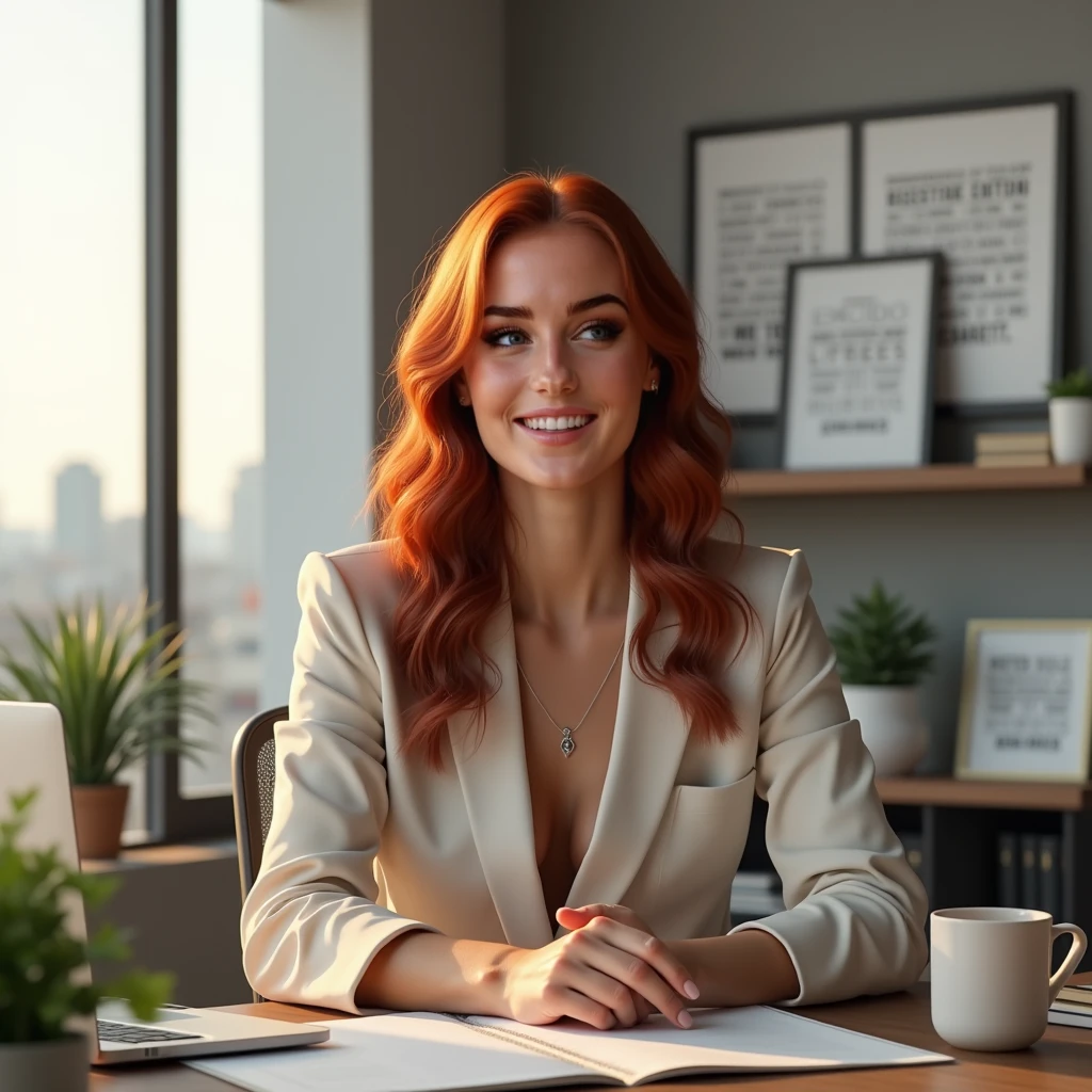 Create a professional and engaging scene of Auri Martinez in her modern office space. Auri is sitting at a stylish desk, dressed in a chic, casual yet professional outfit. The office is well-lit with natural light streaming through a large window, offering a view of the Valencia skyline. Auri is smiling confidently as she looks directly at the camera, saying, 'Auri Martinez – Ready to collaborate! Are you a brand looking for a fresh face for 2025? Let's work together!' Her deep red auburn hair is styled in soft waves, and her emerald green eyes shine with enthusiasm. The desk is tidy with a laptop, a plant, and a coffee cup. A few motivational quotes and fitness magazines are visible in the background, reflecting her lifestyle focus.

Render this scene in 8K Ultra HD for exceptional detail and realism. Focus on Auri’s facial expressions, ensuring her lips and eyes are photorealistic and expressive as she speaks. Movements should feel smooth, organic, and free from distortion. The lighting should be warm and inviting, emphasizing her approachable and confident demeanor.