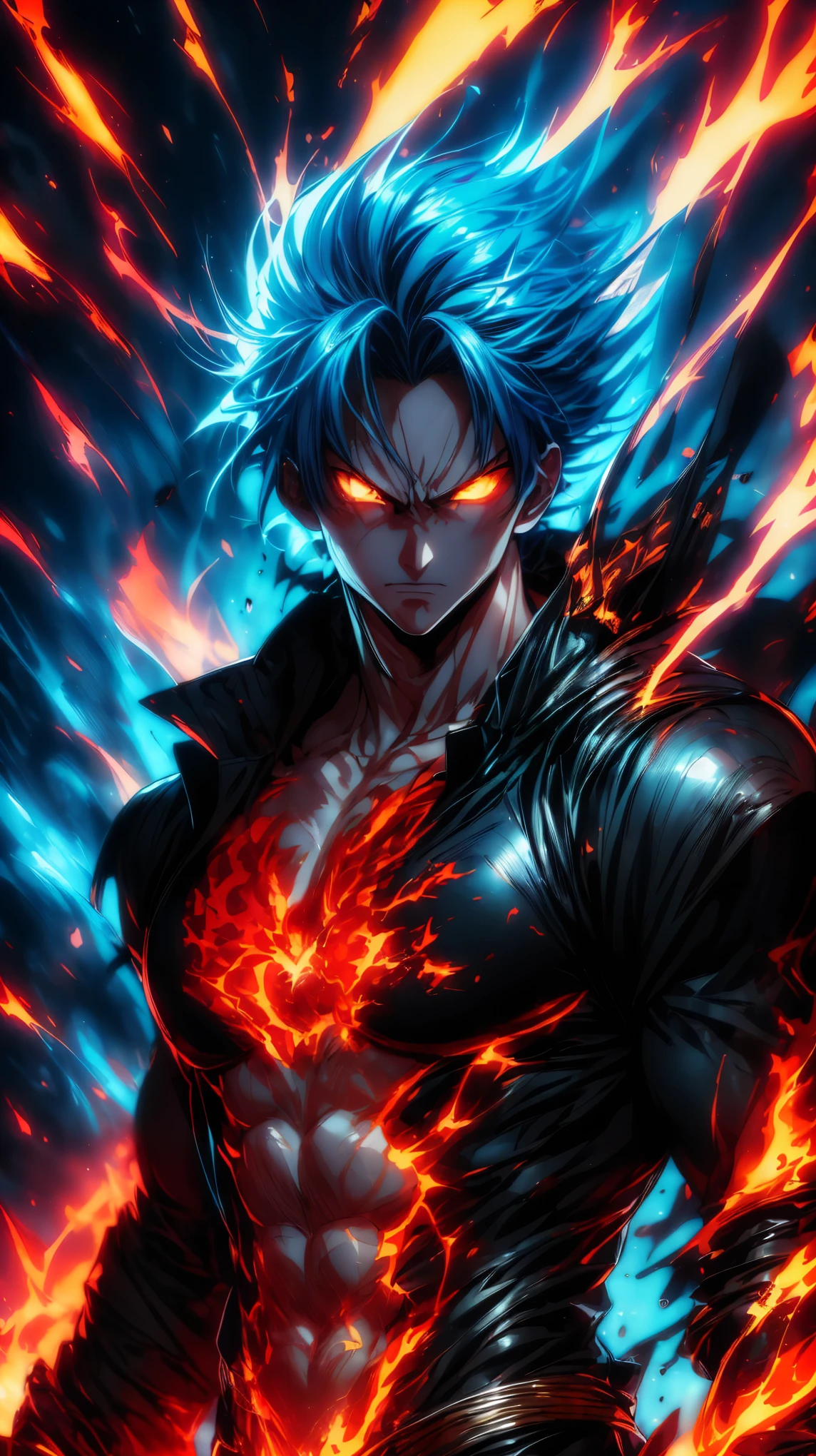 (Aesthetics, Hi-Res: 1.2), Get ready for a visual feast with 1 Luffy, solo, brilliant blue hair and tattoos, a creature with a handsome face and piercing golden eyes . In his transformed state, he radiates extreme instinct and power, creating an epic animation of this energetic man. fire and lava in stunning anime artwork that will leave you in awe. This concept art comes straight from the Bleach Universe, with manga-style 8k wallpapers that will transport you to another dimension. Prepare to be amazed by this detailed work of digital anime art, representing the ultimate combination of style and power.