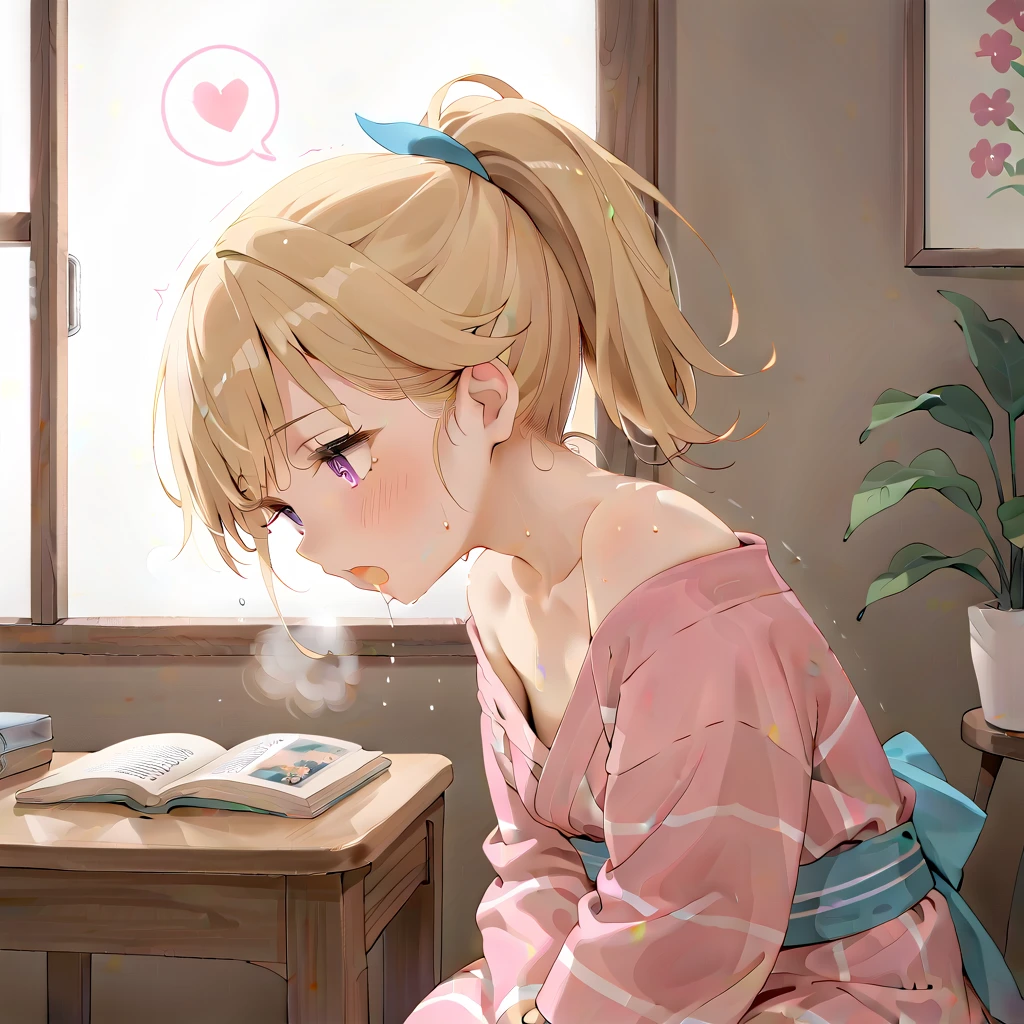 (masterpiece,beautiful,hughres,CG,8k,16k,best quality,high-resolution,detailed eyes:1.5),anime,source anime,illustration,(face close up:1.2),from side,(1girl,Alone:1.5),(indoor:1.5),Glass window,(Open book),Planting,(across table:1.6),(kotatsu:1.6),(in the kotatsu:1.6),(head down:1.6),Plunge into the kotatsu ,profile,(arms at sides,Put your arm in the kotatsu ,no-hands:1.5),(blonde hair:1.5),pink eyes,(ponytail:1.4),( light pink yukata :1.5),(off-shoulder),small breasts,(sitting),( masturbating inside the kotatsu:1,2),(female orgasm:1.3),(trembling:1.4),(gasping,heavy breathing,blush:1.5),(impatience1.1),flustered,(fidgeting around:1.4),(steam:1.2),(sweat skin,sweat:1.4),(streaming tears:1.3),(drooling:1.1),(looking away:0.5),(looking down:1.4),(spoken heart:1.3),(narrow one's eyes:1.6),(open mouth:1.2)