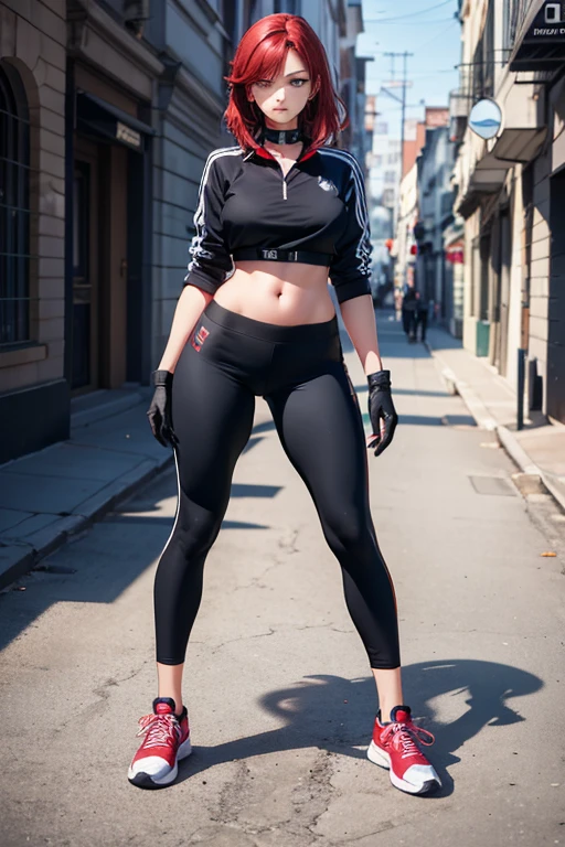   A woman ,  crimson red hair,  blue eyes,  voluptuous,  black gloves, blue sneakers, black sportswear ,  black pants , beautiful, serious look, standing,  full body, arte digital, professional art,  collar fitted to the black collar, cabello largo, mujer sexy.