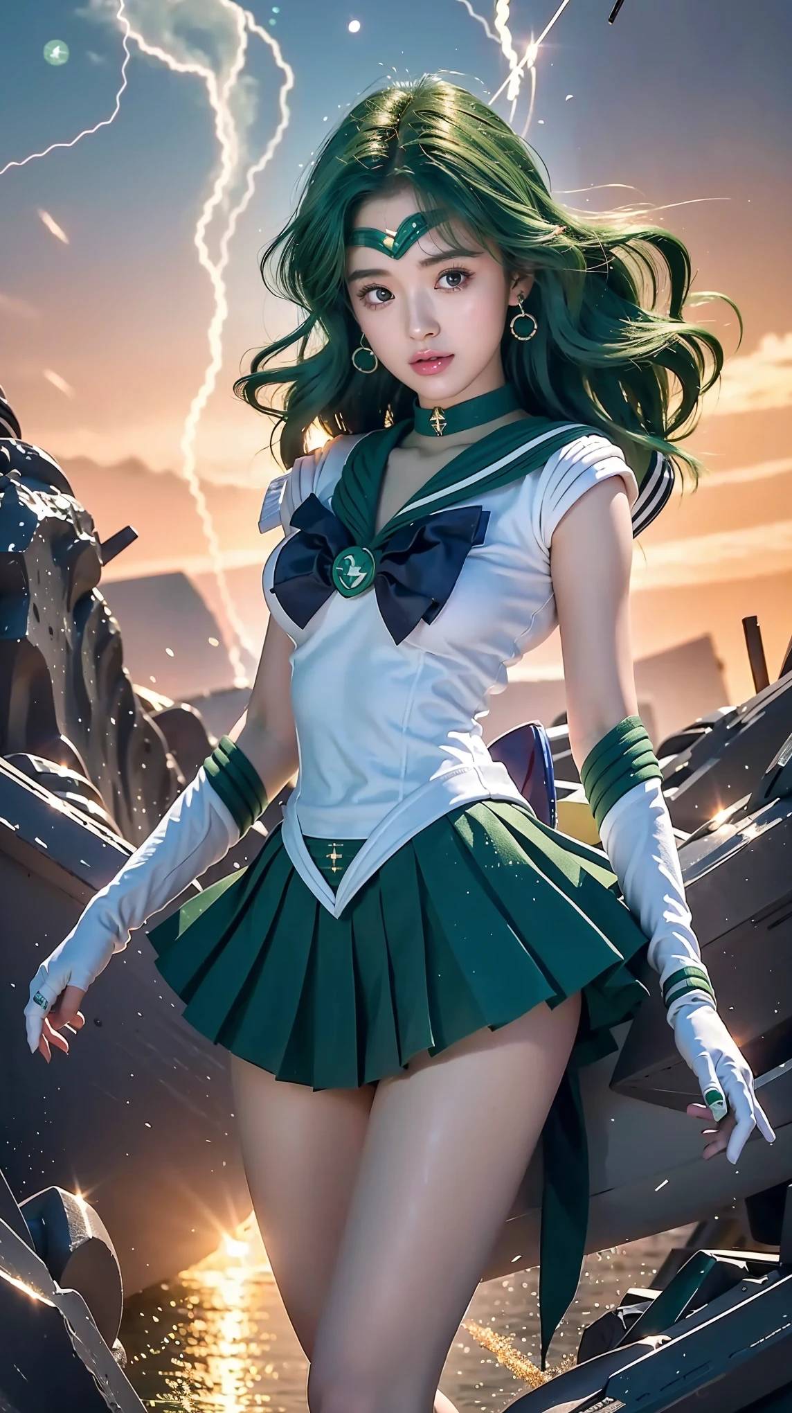 close-up, 1girl, sailor neptune, (sailor senshi uniform:1.2), (aqua eyes:0.9), dark green hair, medium hair, plead skirt, best quality, earrings, masterpiece, high resolution, intricate details, (( realistic )), photographic, (white elbow gloves:1.1), jewelry, Medium breast, full body, Dynamic background, dynamic posture, high heels,nsfw, perfect breasts,(clear erected nipple silhouette: 1.8),(cameltoe:1.2),dynamic pose,spread legs,(pubic hair ultra detailed clear silhouette: 1.8),(pubic hair focus:1.2),navel