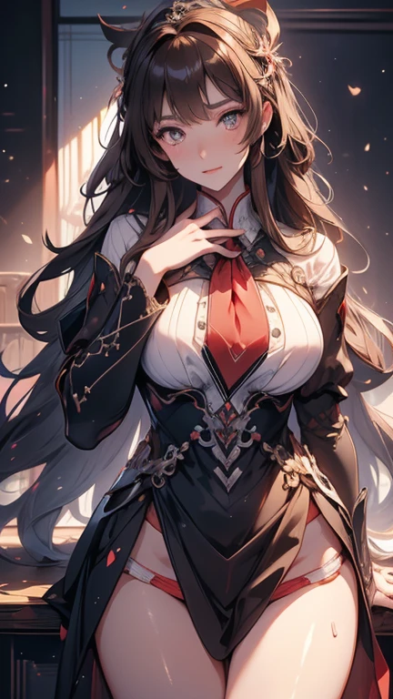 (absurdres, highres, ultra detailed, HDR), masterpiece, best quality, Yuki Cross, 1woman, solo, beautiful, (long brown hair), vibrant red eyes, finely eye and detailed face, solid black background, black uniform, vampire knight, (arms behind back), solid crimson background, cleavage, large breasts, sexy, contrapposto, looking at viewer, straight on,