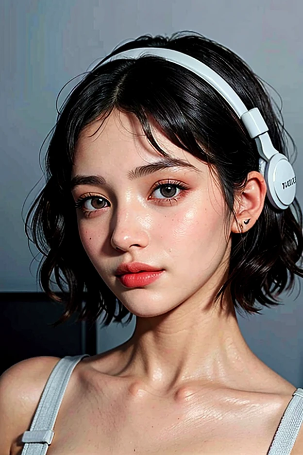 RAW photo, best quality, masterpiece, photorealistic, Polish girl, 20 years old, black hair, Light grey eyes, short bob cut, hair in 7 thirds, hair over one ear, Symmetrical eyes, solo, wearing headphone, Detailed Skin, Detailed face, Detailed hands, Big Breasts, rip gloss, in a game room