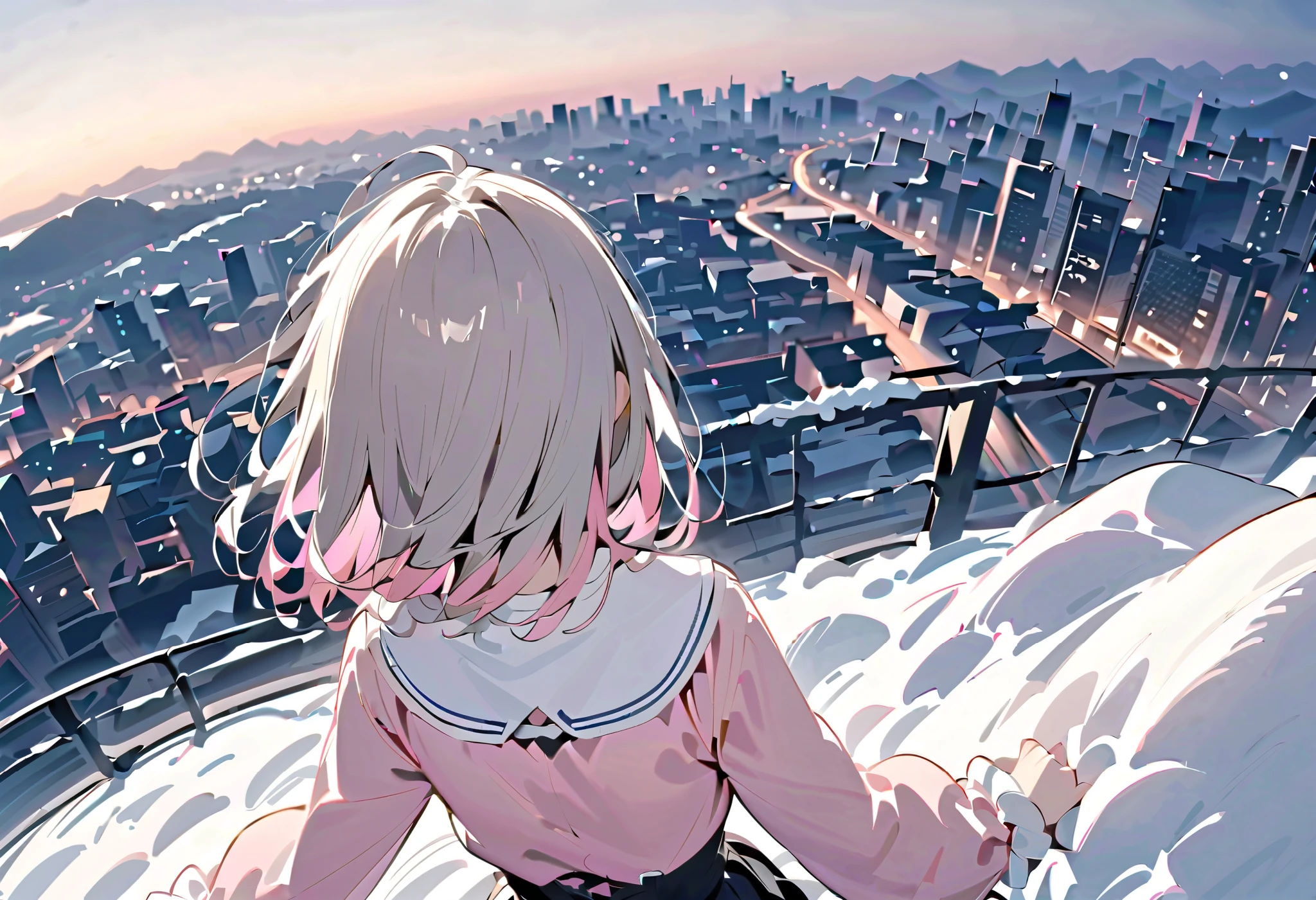 Anime girl looking out over a city at sunset - SeaArt AI
