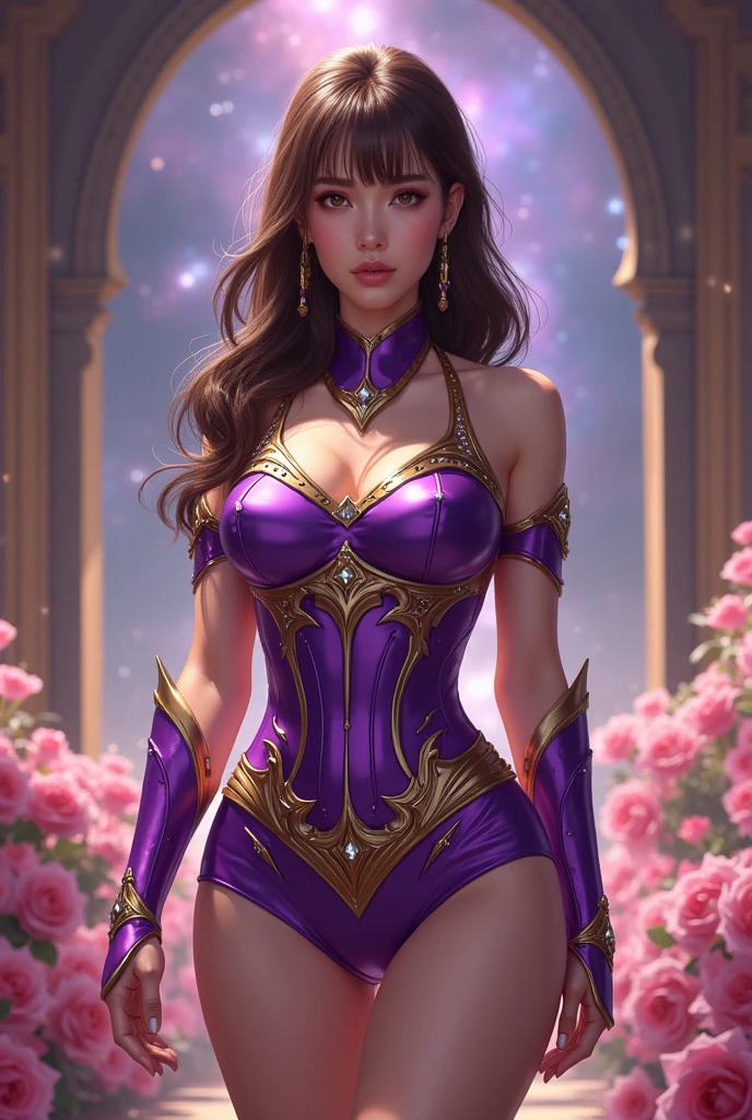 A sorceress in the style of 3D games. Unreal Engine. In her left hand is a staff. A heart-shaped spell with a pink glow is cast in the right hand. In the background there is a sign with the inscription "Academy of Love"