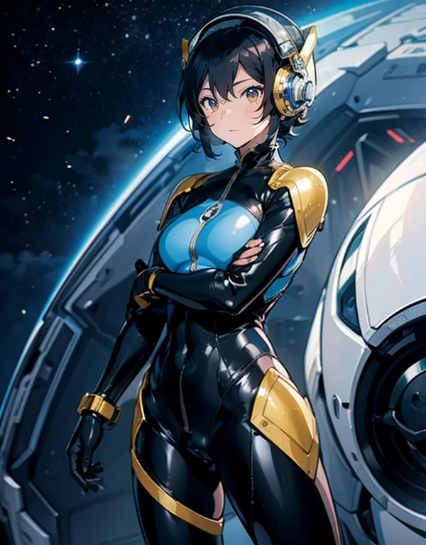 masterpiece, highest quality, ultra detailed, high detail anime, cute alien girl, grey skin, black hair, pixie cut, shaved sides, serious expression, slim body, perky breasts, futuristic clothing, tight spacesuit, intricate design, sci fi, spaceship background