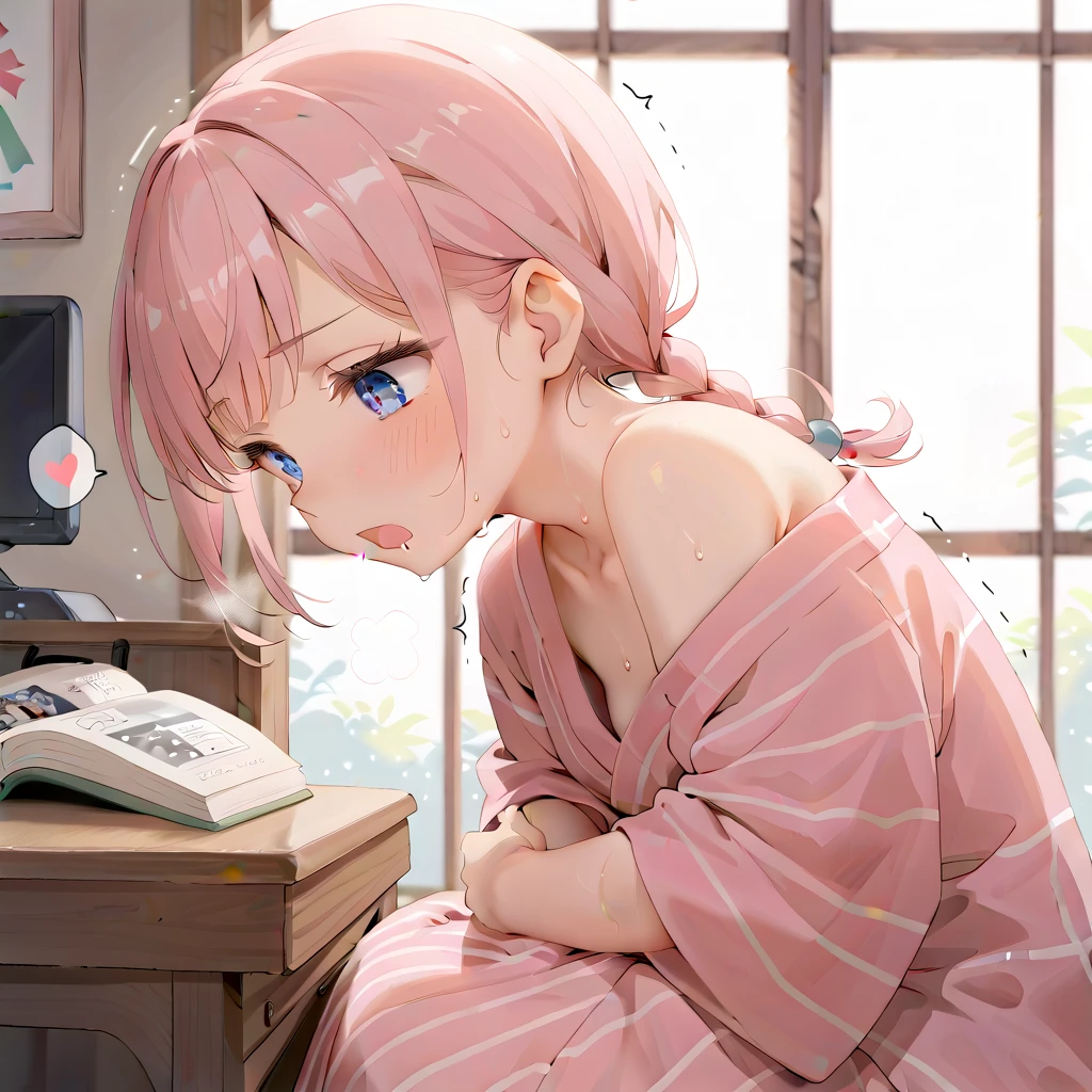 (masterpiece,beautiful,hughres,CG,8k,16k,best quality,high-resolution,detailed eyes:1.5),anime,source anime,illustration,(face close up:1.2),from side,(1girl,Alone:1.5),(indoor:1.5),Glass window,(Open book),Planting,(across table:1.6),(kotatsu:1.6),(in the kotatsu:1.6),(head down:1.6), reading a book,Plunge into the kotatsu ,profile,(arms at sides,Put your arm in the kotatsu ,no-hands:1.5),(pink hair:1,5),blue eyes,(ahoge:0.2),(braided hair,twintails,bangs:1.4),( light pink yukata :1.5),(off-shoulder),small breasts,(sitting),( masturbating inside the kotatsu:1,2),(female orgasm:1.3),(trembling:1.4),(gasping,heavy breathing,blush:1.5),(impatience1.1),flustered,(fidgeting around:1.4),(steam:1.2),(sweat skin,sweat:1.4),(streaming tears:1.3),(drooling:1.1),(looking away:0.5),(looking down:1.4),(spoken heart:1.3),(narrow one's eyes:1.6),(open mouth:1.2)