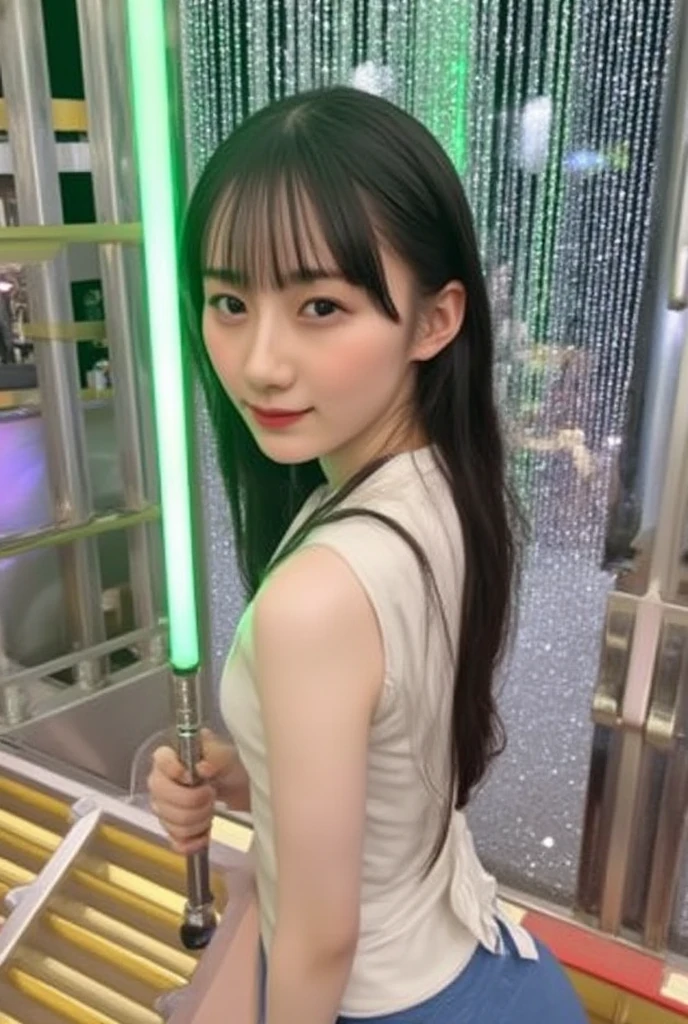 A Japanese woman in a blue micro bikini has a lightsaber that glows green、Inside the STAR WARS spaceship 、cyberpop、retro sci-fi