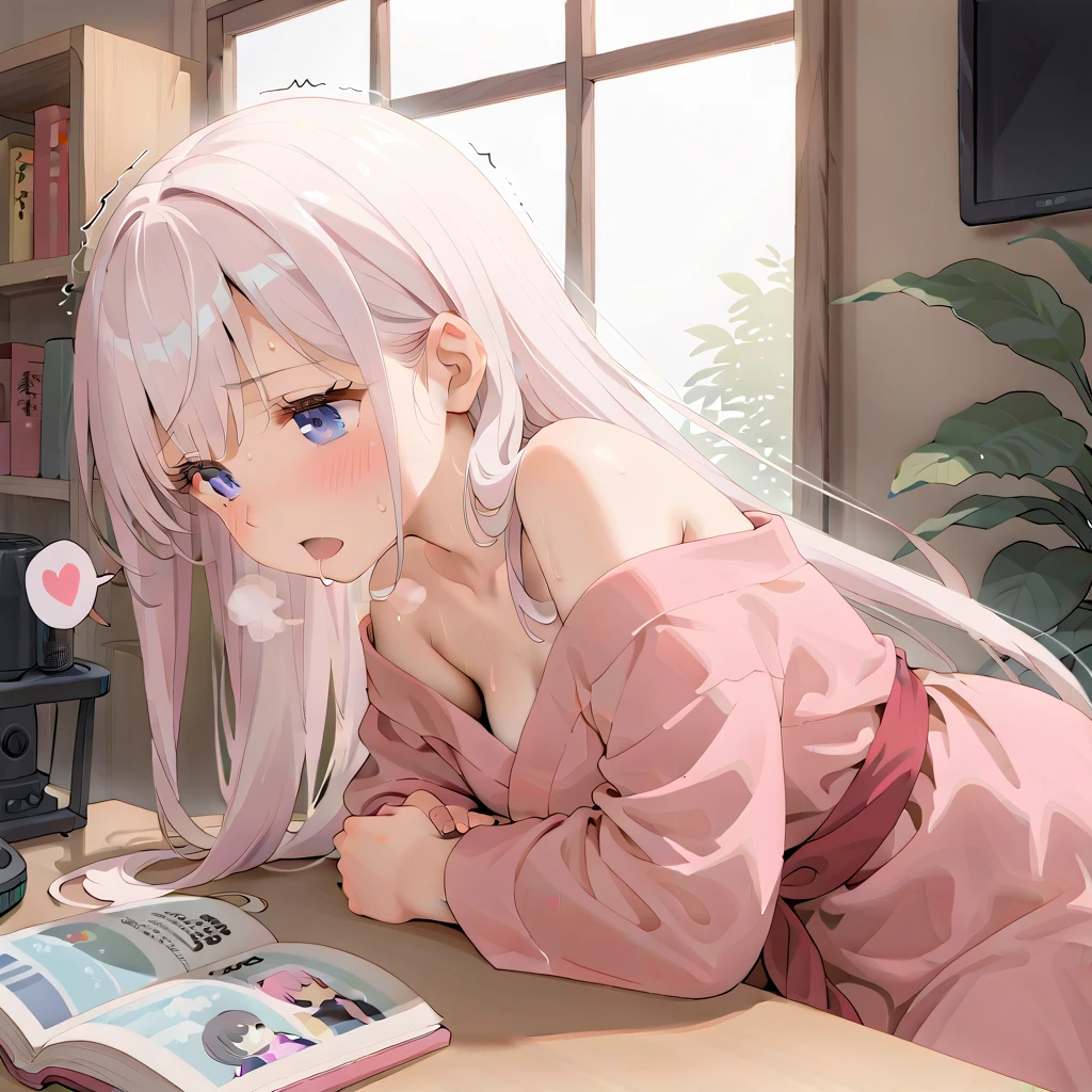 (masterpiece,beautiful,hughres,CG,8k,16k,best quality,high-resolution,detailed eyes:1.5),anime,source anime,illustration,(face close up:1.2),from side,(1girl,Alone:1.5),(indoor:1.5),Glass window,(Open book),Planting,(across table:1.6),(kotatsu:1.6),(in the kotatsu:1.6),(head down:1.6), reading a book,Plunge into the kotatsu ,profile,(arms at sides,Put your arm in the kotatsu ,no-hands:1.5),(white hair:1.5),blue eyes,(very long hair,straight hair,bangs:1.4),( light pink yukata :1.5),(off-shoulder),small breasts,(sitting),( masturbating inside the kotatsu:1,3),(female orgasm:1.3),(trembling:1.4),(gasping,heavy breathing,blush:1.5),(impatience1.1),flustered,(fidgeting around:1.4),(steam:1.2),(sweat skin,sweat:1.4),(streaming tears:1.3),(drooling:1.1),(looking away:0.5),(looking down:1.4),(spoken heart:1.3),(narrow one's eyes:1.6),(open mouth:1.2)