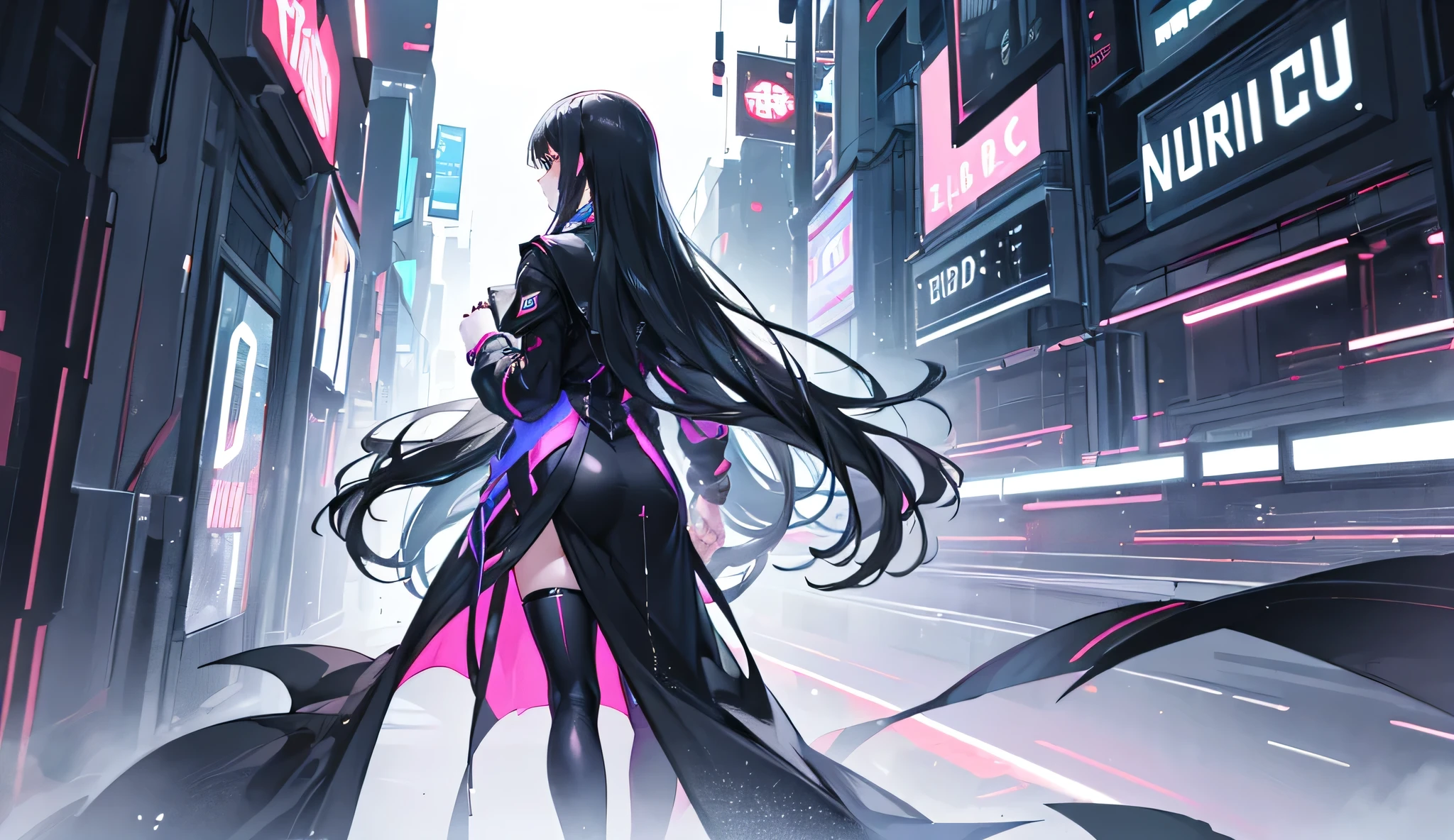 Anime girl in a long black dress walking down a city street - SeaArt AI