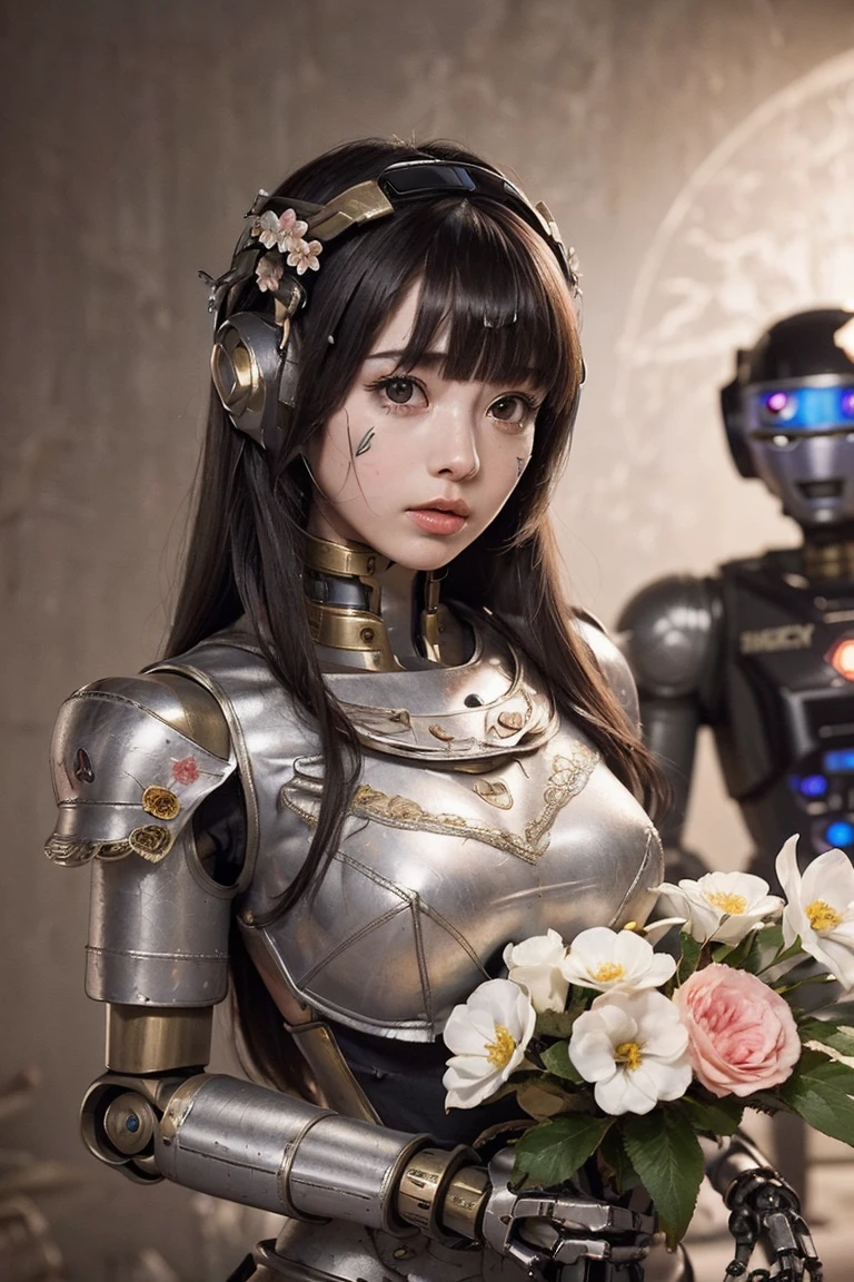 (masterpeace), ((super real photography: 1.5)), ((photo realistic: 1.3)), (real photo), 
young girl with a lot of flowers, ((A young girl robot: 1.5)),  (bust statue: 1.3), 
BREAK
headgear, ((real metalic skin)), ((beautiful face: 1.5)), ((Super cute: 1.5)), ((babyface: 1.5)), ((well-balanced face)), (downcast eyes: 1.5), longeyelashes, stunning big eyes, luscious glossy lips, ((blunt bangs: 1.5)), (long hair), 
BREAK
(slender body: 1.3), petite bust, flower bloom, (flowers: 1.5),
BREAK
High-Mechanic body, octane rendering, Super Detailed machine, ((connected electric cables)), 
BREAK
(simple background: 1.3), ((bust shot: 1.3)), cinema quality, professional photograph, (photo studio: 1.5), (Bright Light: 1.2), Eye-Level Shot, wide lens, (fujifilm 35mm), (film photo), RAW, Excessive Embellishment, UHD, 
BREAK
anatomically correct, textured skin, best quality, 8k