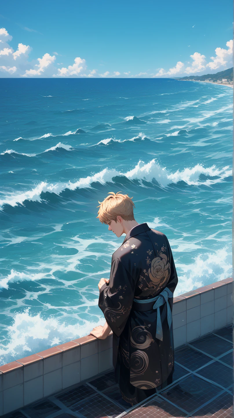 Armin Arlert, boy, black kimono with sky blue ocean waves color pattern, rooftop background