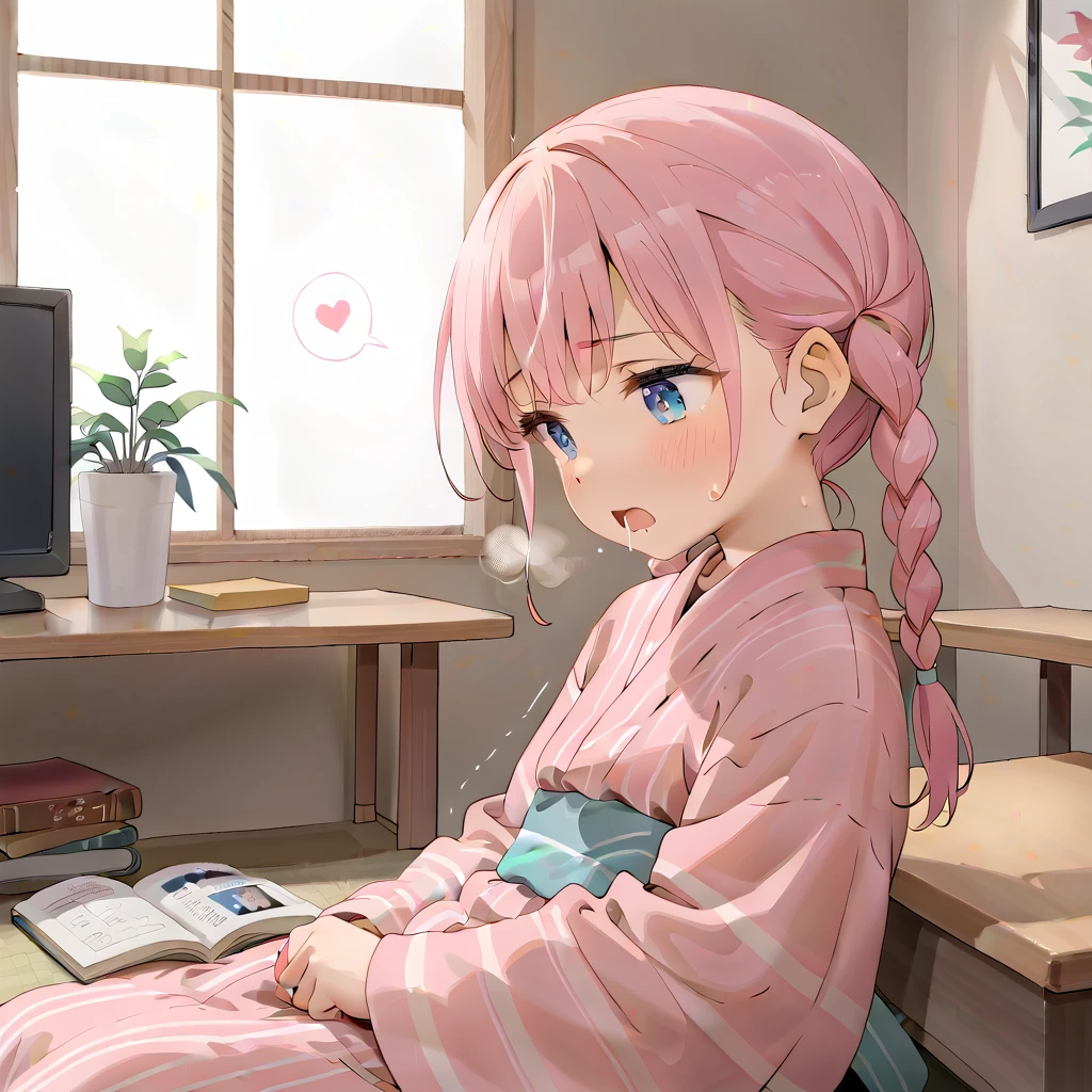 (masterpiece,beautiful,hughres,CG,8k,16k,best quality,high-resolution,detailed eyes:1.5),anime,source anime,illustration,(face close up:1.2),from side,(1girl,Alone:1.5),(indoor:1.5),Glass window,(Open book),Planting,(across table:1.6),(kotatsu:1.6),(in the kotatsu:1.6),(head down:1.6), reading a book,Plunge into the kotatsu ,profile,(arms at sides,Put your arm in the kotatsu ,no-hands:1.5),(pink hair:1,5),blue eyes,(ahoge:0.2),(braided hair,twintails,bangs:1.4),( light pink yukata :1.5),(off-shoulder),small breasts,(sitting),( masturbating inside the kotatsu:1,3),(female orgasm:1.3),(trembling:1.4),(gasping,heavy breathing,blush:1.5),(impatience1.1),flustered,(fidgeting around:1.4),(steam:1.2),(sweat skin,sweat:1.4),(streaming tears:1.3),(drooling:1.1),(looking away:0.5),(looking down:1.4),(spoken heart:1.3),(narrow one's eyes:1.6),(open mouth:1.2)