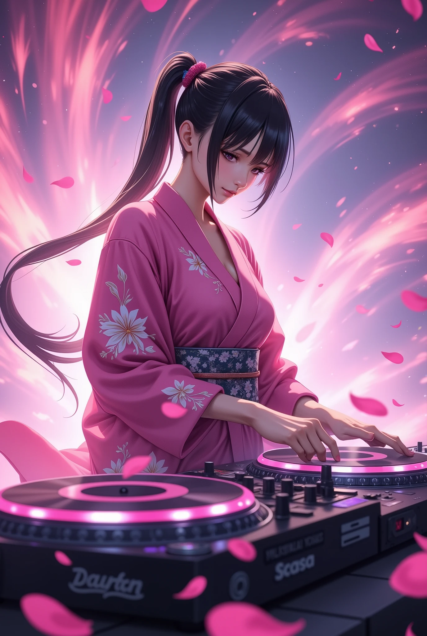 One female DJ , operating a turntable , Nishijin-ori Furusoe ,new year,( Japanese Style :2.0),,Artistic,Avant-garde, digital art, Ponytail,Pink long-sleeved kimono, The background is a fantastic space with abstract plum petals dancing,new yearのパーティ