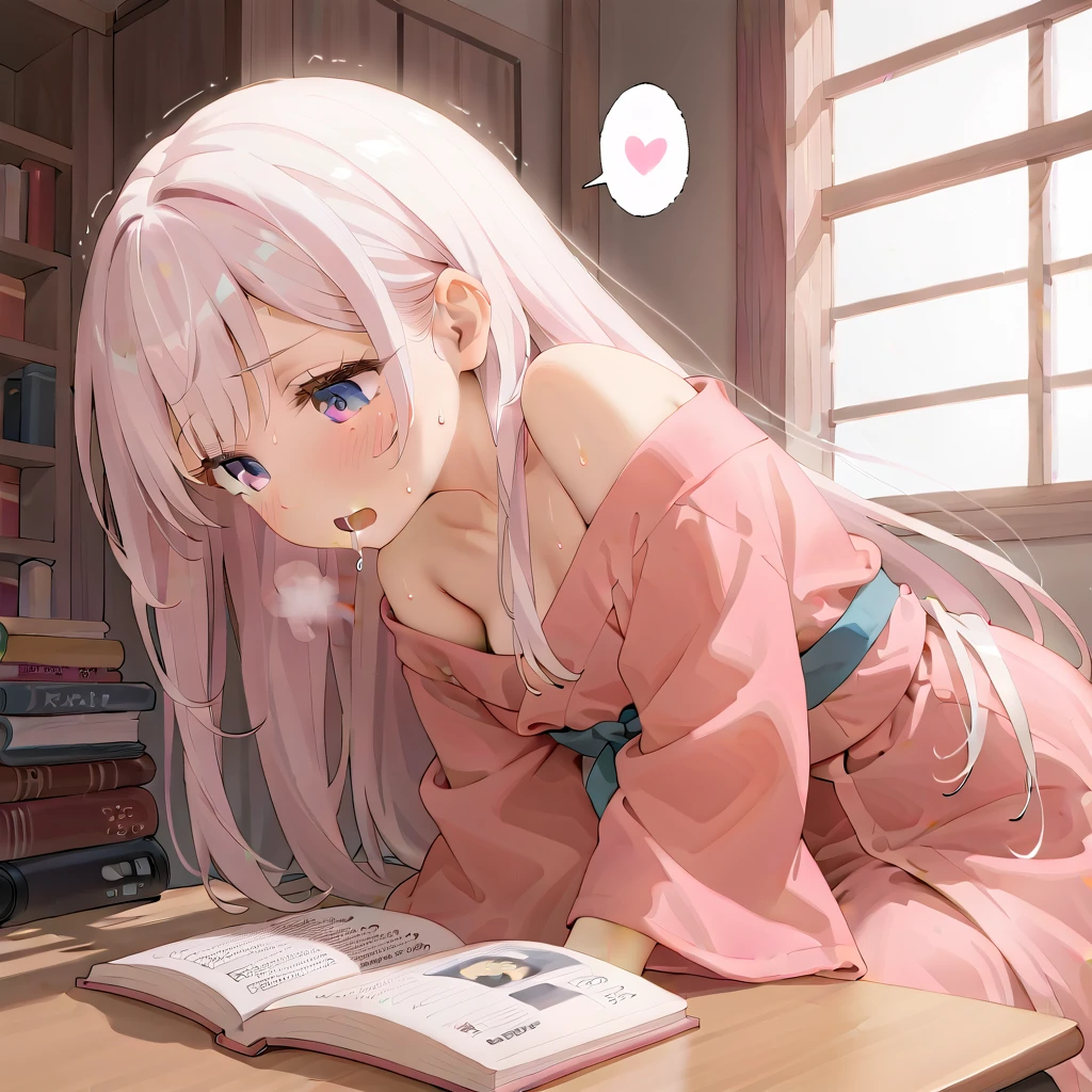 (masterpiece,beautiful,hughres,CG,8k,16k,best quality,high-resolution,detailed eyes:1.5),anime,source anime,illustration,(face close up:1.2),from side,(1girl,Alone:1.5),(indoor:1.5),Glass window,(Open book),Planting,(across table:1.6),(kotatsu:1.6),(in the kotatsu:1.6),(head down:1.6), reading a book,Plunge into the kotatsu ,profile,(arms at sides,Put your arm in the kotatsu ,no-hands:1.5),(white hair:1.5),blue eyes,(very long hair,straight hair,bangs:1.4),( light pink yukata :1.5),(off-shoulder),small breasts,(sitting),( masturbating inside the kotatsu:1,3),(female orgasm:1.3),(trembling:1.4),(gasping,heavy breathing,blush:1.5),(impatience1.1),flustered,(fidgeting around:1.4),(steam:1.2),(sweat skin,sweat:1.4),(streaming tears:1.3),(drooling:1.1),(looking away:0.5),(looking down:1.4),(spoken heart:1.3),(narrow one's eyes:1.6),(open mouth:1.2)