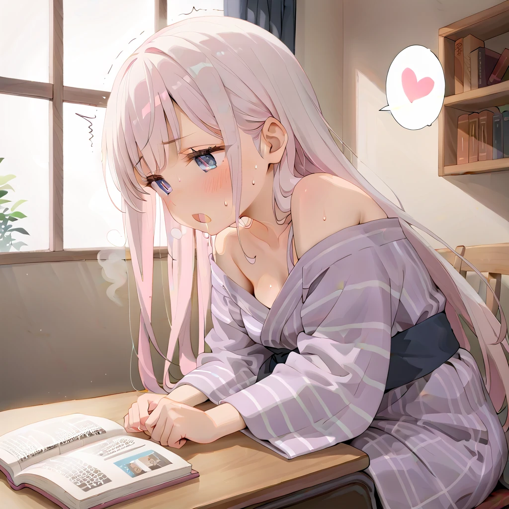 (masterpiece,beautiful,hughres,CG,8k,16k,best quality,high-resolution,detailed eyes:1.5),anime,source anime,illustration,(face close up:1.2),from side,(1girl,Alone:1.5),(indoor:1.5),Glass window,(Open book),Planting,(across table:1.6),(kotatsu:1.6),(in the kotatsu:1.6),(head down:1.6), reading a book,Plunge into the kotatsu ,profile,(arms at sides,Put your arm in the kotatsu ,no-hands:1.5),(white hair:1.5),blue eyes,(very long hair,straight hair,bangs:1.4),( light pink yukata :1.5),(off-shoulder),small breasts,(sitting),( masturbating inside the kotatsu:1,3),(female orgasm:1.3),(trembling:1.4),(gasping,heavy breathing,blush:1.5),(impatience1.1),flustered,(fidgeting around:1.4),(steam:1.2),(sweat skin,sweat:1.4),(streaming tears:1.3),(drooling:1.1),(looking away:0.5),(looking down:1.4),(spoken heart:1.3),(narrow one's eyes:1.6),(open mouth:1.2)