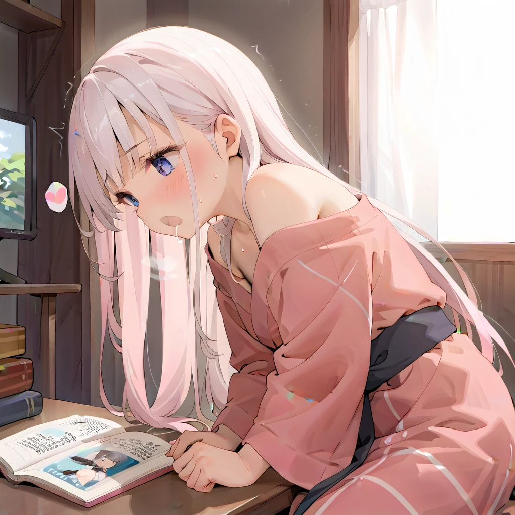 (masterpiece,beautiful,hughres,CG,8k,16k,best quality,high-resolution,detailed eyes:1.5),anime,source anime,illustration,(face close up:1.2),from side,(1girl,Alone:1.5),(indoor:1.5),Glass window,(Open book),Planting,(across table:1.6),(kotatsu:1.6),(in the kotatsu:1.6),(head down:1.6), reading a book,Plunge into the kotatsu ,profile,(arms at sides,Put your arm in the kotatsu ,no-hands:1.5),(white hair:1.5),blue eyes,(very long hair,straight hair,bangs:1.4),( light pink yukata :1.5),(off-shoulder),small breasts,(sitting),( masturbating inside the kotatsu:1,3),(female orgasm:1.3),(trembling:1.4),(gasping,heavy breathing,blush:1.5),(impatience1.1),flustered,(fidgeting around:1.4),(steam:1.2),(sweat skin,sweat:1.4),(streaming tears:1.3),(drooling:1.1),(looking away:0.5),(looking down:1.4),(spoken heart:1.3),(narrow one's eyes:1.6),(open mouth:1.2)