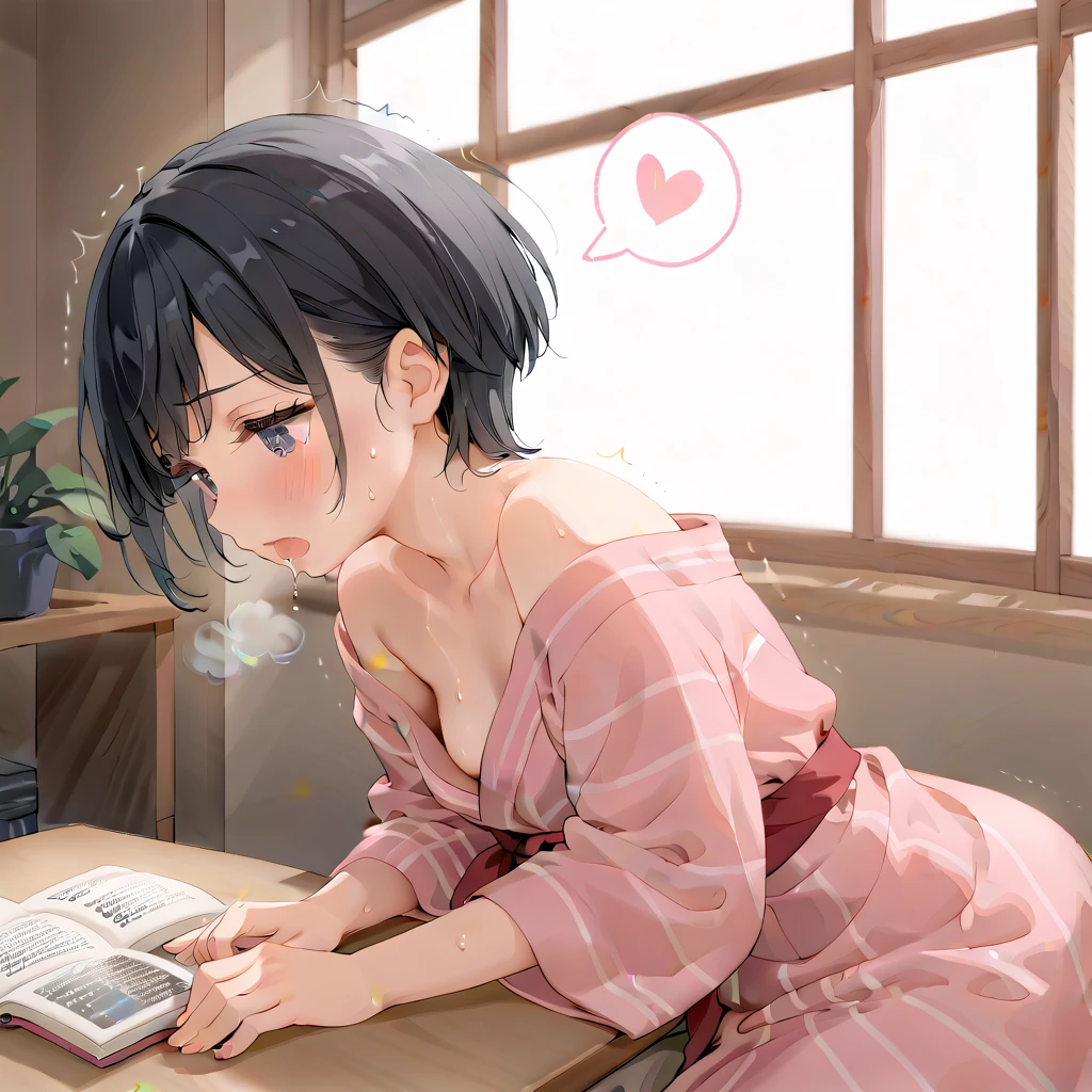 (masterpiece,beautiful,hughres,CG,8k,16k,best quality,high-resolution,detailed eyes:1.5),anime,source anime,illustration,(face close up:1.2),from side,(1girl,Alone:1.5),(indoor:1.5),Glass window,(Open book),Planting,(across table:1.6),(kotatsu:1.6),(in the kotatsu:1.6),(head down:1.6), reading a book,Plunge into the kotatsu ,profile,(arms at sides,Put your arm in the kotatsu ,no-hands:1.5),(black hair:1.5),black eyes,(short hair,bangs:1.4),( light pink yukata :1.5),(off-shoulder),small breasts,(sitting),( masturbating inside the kotatsu:1,3),(female orgasm:1.3),(trembling:1.4),(gasping,heavy breathing,blush:1.5),(impatience1.1),flustered,(fidgeting around:1.4),(steam:1.2),(sweat skin,sweat:1.4),(streaming tears:1.3),(drooling:1.1),(looking away:0.5),(looking down:1.4),(spoken heart:1.3),(narrow one's eyes:1.6),(open mouth:1.2)