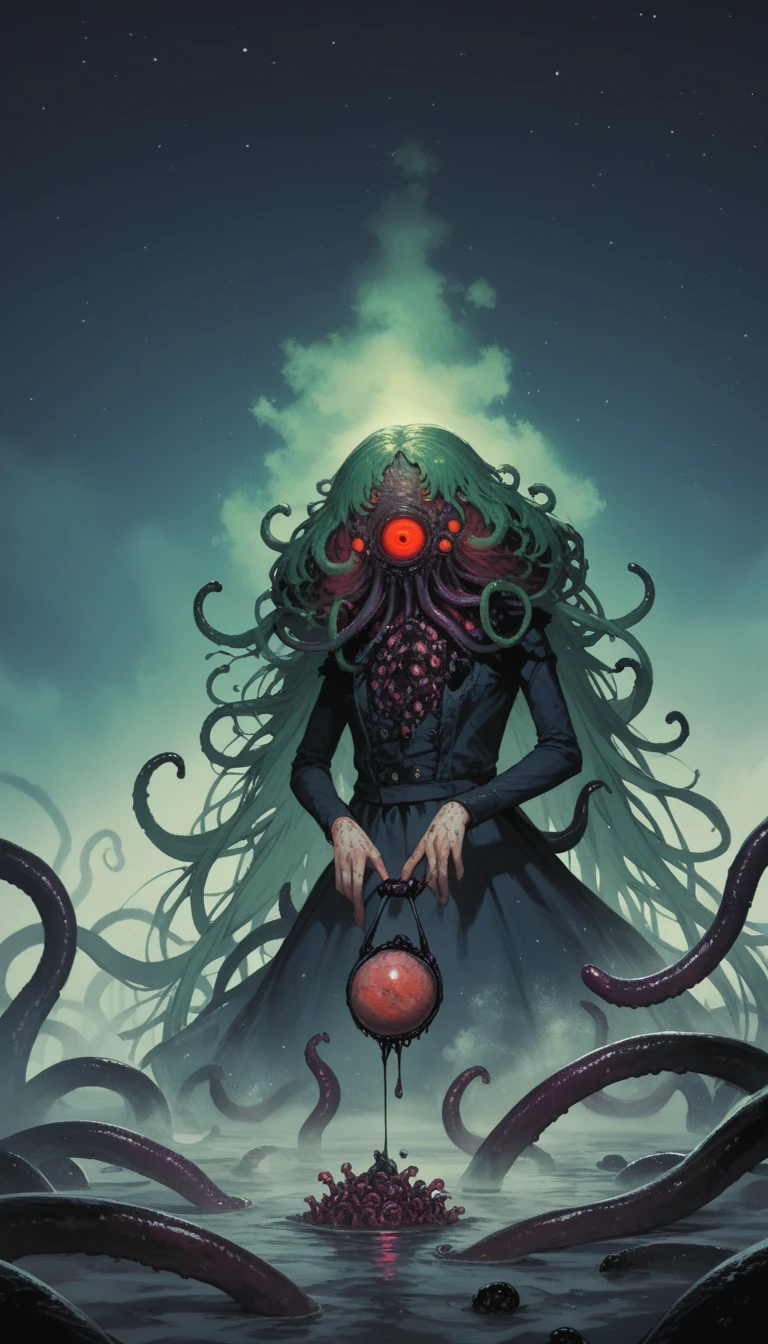 Score_9, score_8_up, score_7_up, score_6_up, source_anime, rating:general, 1girl, full body, yog-sothoth, green hair, very long hair, red eyes, tentacles, eyeballs, lovecraftian, eldritch abomination, fog, mist, decay, miasma, the gate and the key, cosmic horror, cosmos, space, hp_lovecraft_style