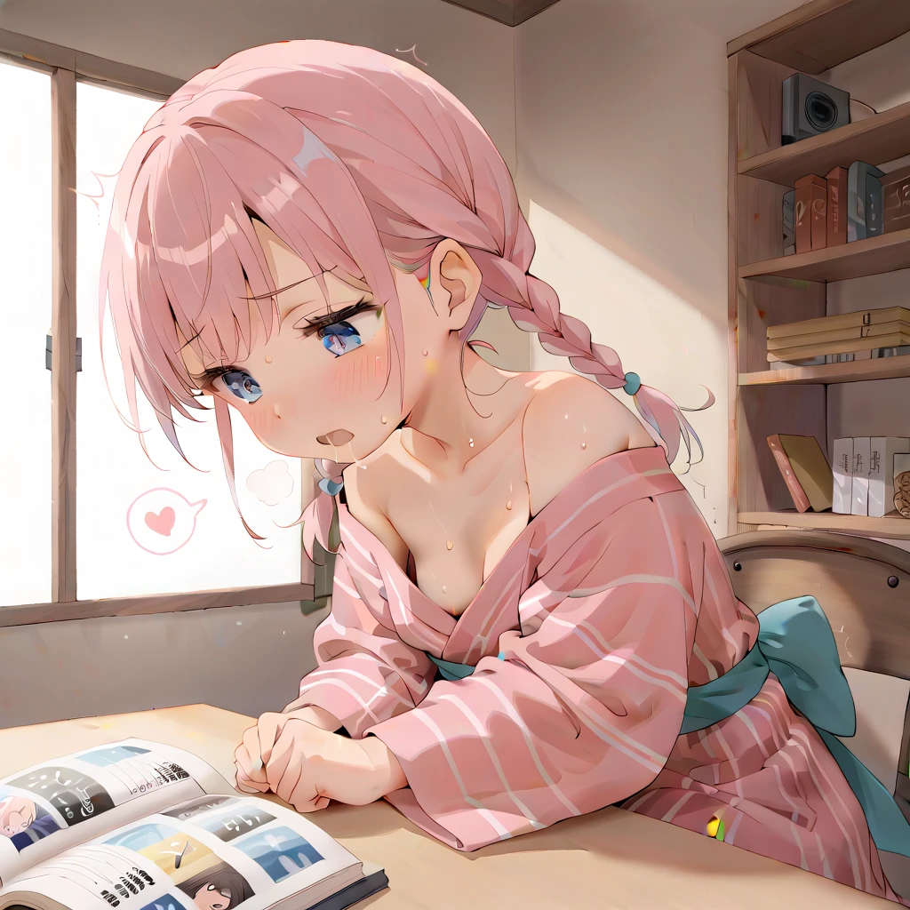 (masterpiece,beautiful,hughres,CG,8k,16k,best quality,high-resolution,detailed eyes:1.5),anime,source anime,illustration,(face close up:1.2),from side,(1girl,Alone:1.5),(indoor:1.5),Glass window,(Open book),Planting,(across table:1.6),(kotatsu:1.6),(in the kotatsu:1.6),(head down:1.6), reading a book,Plunge into the kotatsu ,profile,(arms at sides,Put your arm in the kotatsu ,no-hands:1.5),(pink hair:1,5),blue eyes,(ahoge:0.2),(braided hair,twintails,bangs:1.4),( light pink yukata :1.5),(off-shoulder),small breasts,(sitting),( masturbating inside the kotatsu:1,3),(female orgasm:1.3),(trembling:1.4),(gasping,heavy breathing,blush:1.5),(impatience1.1),flustered,(fidgeting around:1.4),(steam:1.2),(sweat skin,sweat:1.4),(streaming tears:1.3),(drooling:1.1),(looking away:0.5),(looking down:1.4),(spoken heart:1.3),(narrow one's eyes:1.6),(open mouth:1.2)