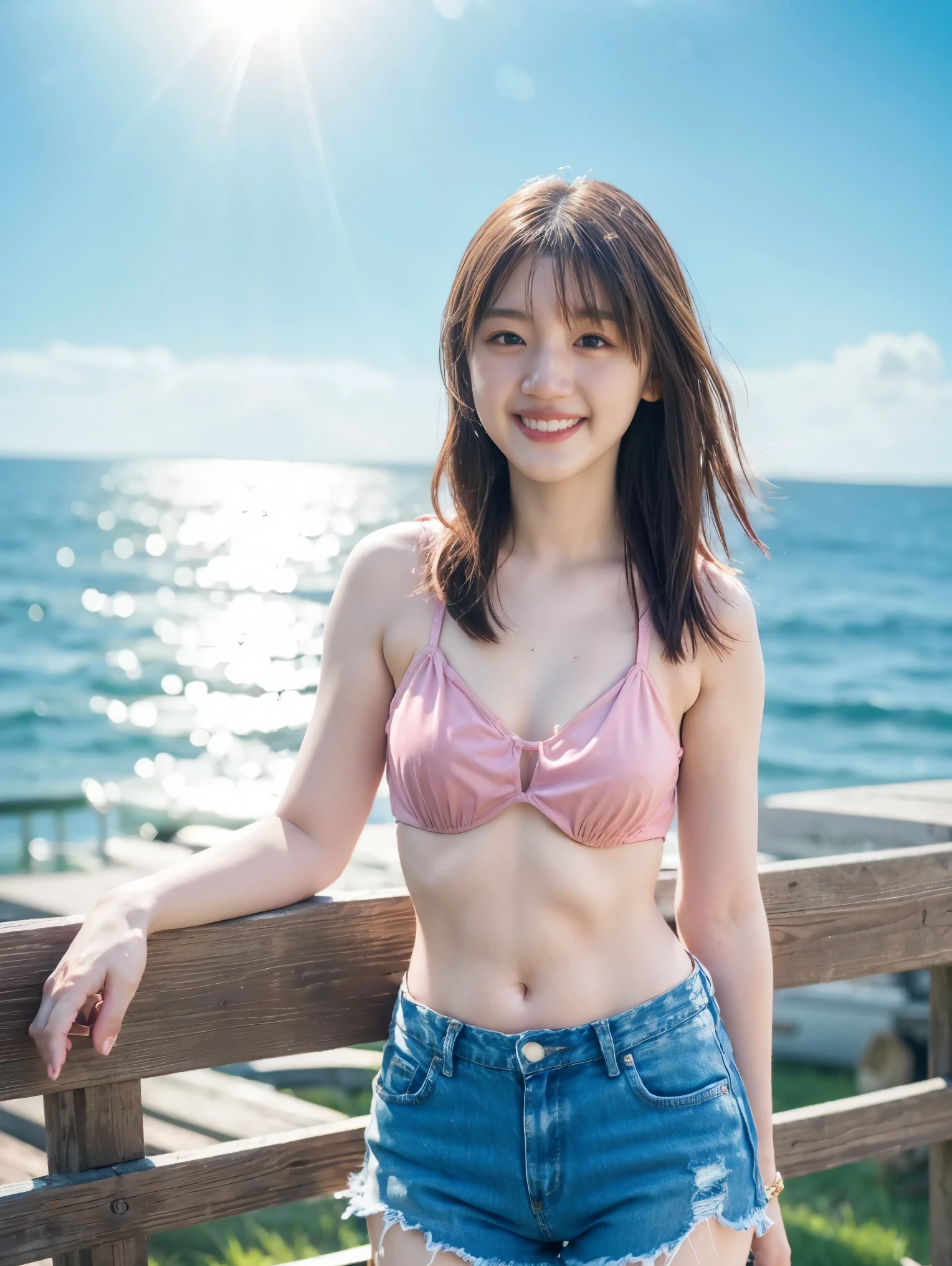 top quality、8,masterpiece、、Super high resolution、( Photorealistic :1.4)、Original photo、 1 girl、 shiny maroon hair , long hair, ( Clean brown eyes )、smile、 with sparkling eyes , (fine grain)、 very detailed face , very detailed eyes , cowboy shot ,Seaside Park,To you,はにかんだsmile,A Clear Midsummer Day , lens flare、 Midsummer Night、Seaside,( Beautiful Sunset :1.5),((cherry pink bikini top 、 sexy distressed denim shorts))、nsfw
