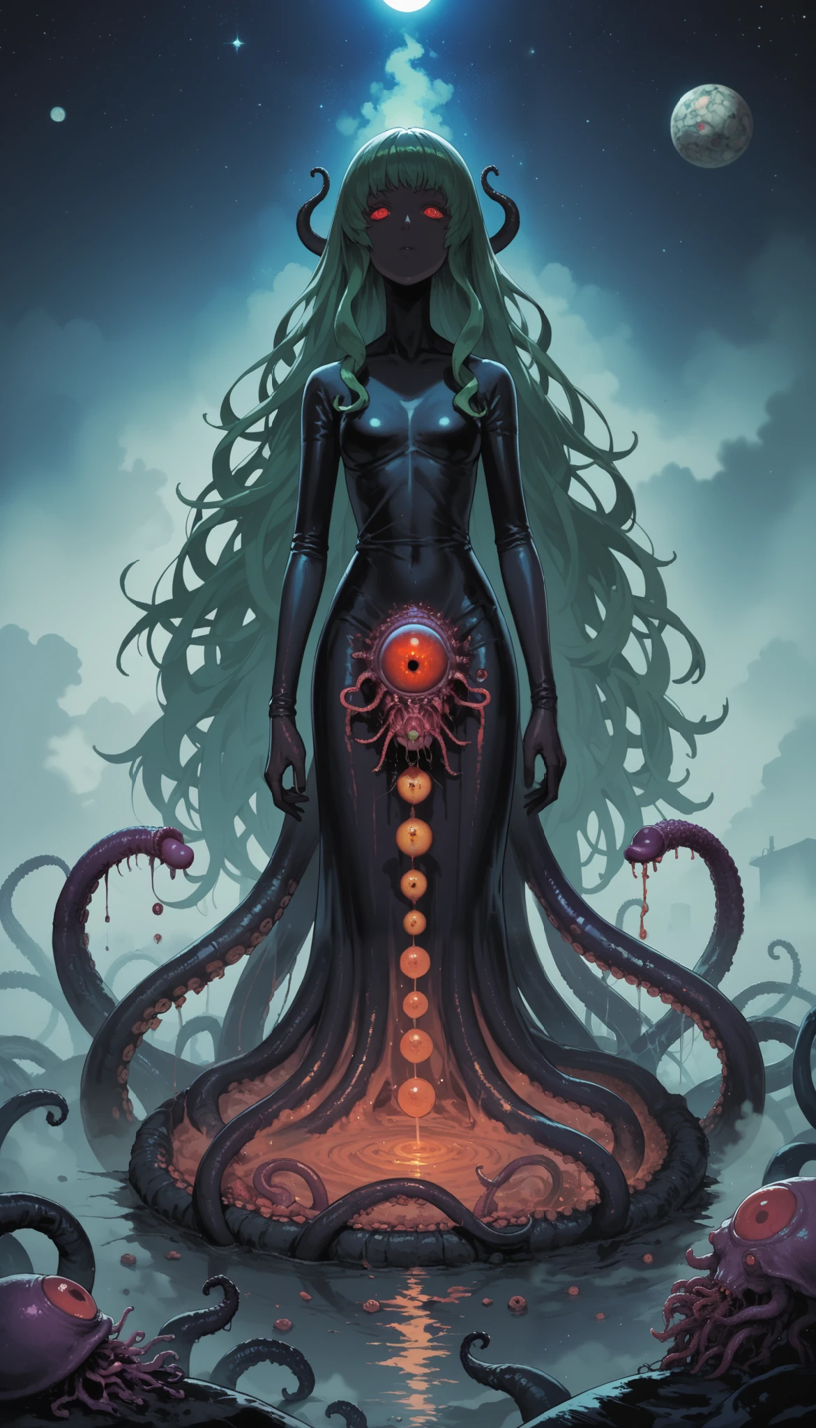 Score_9, score_8_up, score_7_up, score_6_up, source_anime, rating:general, 1girl, full body, yog-sothoth, green hair, very long hair, red eyes, tentacles, eyeballs, lovecraftian, eldritch abomination, fog, mist, decay, miasma, the gate and the key, cosmic horror, cosmos, space, hp_lovecraft_style