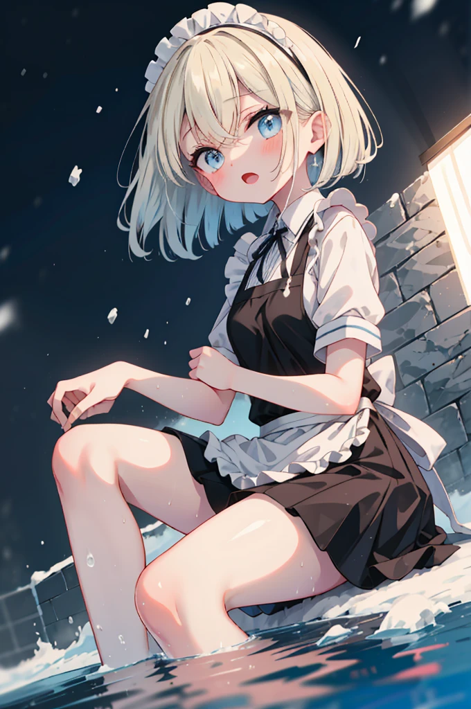 (8k,  super high quality , masterpiece:1.2), Super high resolution,  cute,  girl , solo, whole body, Blonde, Blue Eyes,  small tits,  in white and black maid clothes ,  black dress,  white apron,  apron dress,  headband,  blue bow , night,  Fantastic Scenery, Warm lighting, Thick Fog, outside,  Open-air Bath, Sitting on the edge of the bathtub, Foot bath, Just the legs湯に浸ける,  Snow Scenery ,  it's snowing,  bathtub made of rock, Just the legs, Foot bath,  open your mouth, Snow on the body, 