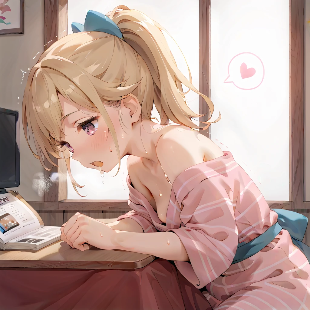 (masterpiece,beautiful,hughres,CG,8k,16k,best quality,high-resolution,detailed eyes:1.5),anime,source anime,illustration,(face close up:1.2),from side,(1girl,Alone:1.5),(indoor:1.5),Glass window,(Open book),Planting,(across table:1.6),(kotatsu:1.6),(in the kotatsu:1.6),(head down:1.6), reading a book,Plunge into the kotatsu ,profile,(arms at sides,Put your arm in the kotatsu ,no-hands:1.5),(blonde hair:1.5),pink eyes,(ponytail:1.4),( light pink yukata :1.5),(off-shoulder),small breasts,(sitting),( masturbating inside the kotatsu:1,3),(female orgasm:1.3),(trembling:1.4),(gasping,heavy breathing,blush:1.5),(impatience1.1),flustered,(fidgeting around:1.4),(steam:1.2),(sweat skin,sweat:1.4),(streaming tears:1.3),(drooling:1.1),(looking away:0.5),(looking down:1.4),(spoken heart:1.3),(narrow one's eyes:1.6),(open mouth:1.2)