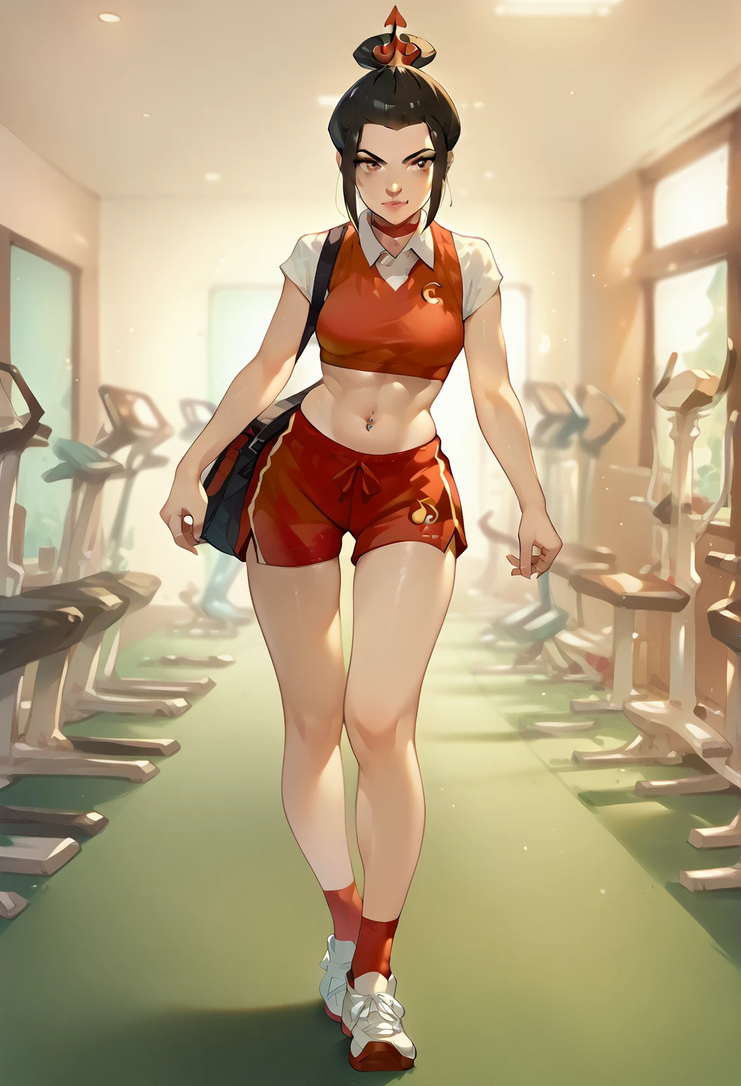 Azula from Avatar The Last Airbander Wearing A black gym top with the fire nation symbol, belly button piercing, red gym shorts, red ankle socks with white stripes and white sneakers 