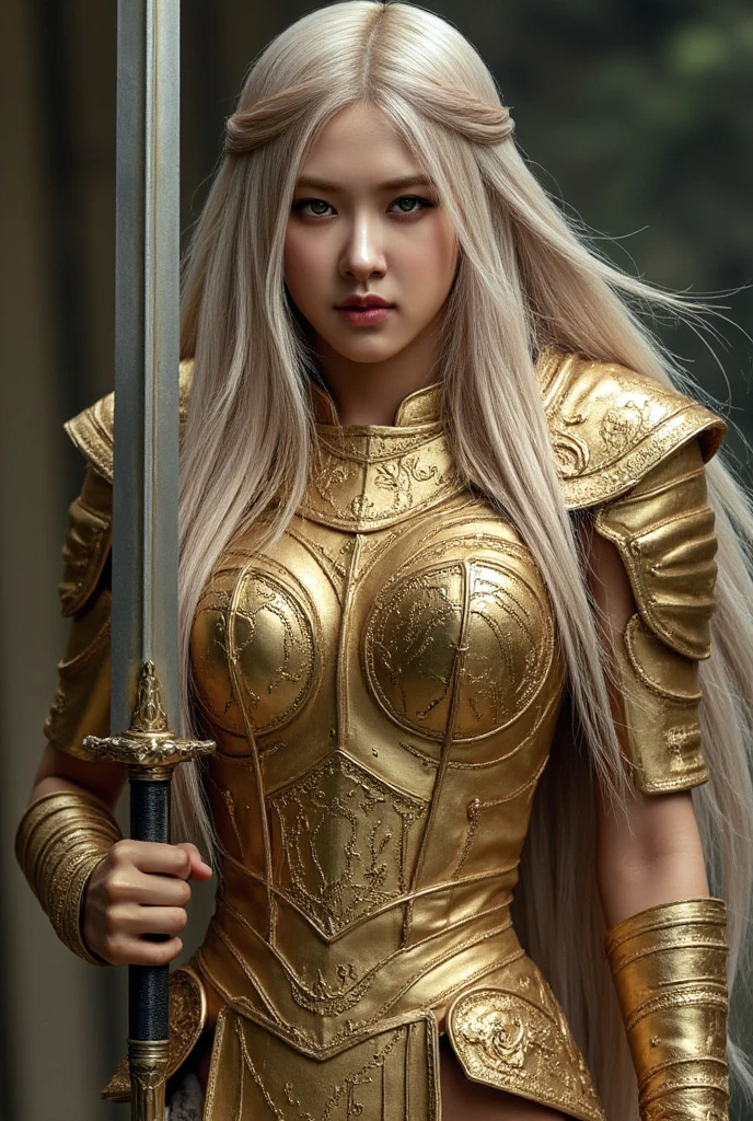 Erica Durance as a Asgard,valkyrie,Upper Body shot,green eyes,long flowing blonde hair, fitness muscular woman, Senhora Cavaleiro,elaborate decorative golden battle armor,Anatomia correta，holding a magical big sword, epic fantasy digital art, masterpiece，8k，high-definition resolution，desenho detalhado，Qualidade Superior，, Epic composition, muscular body