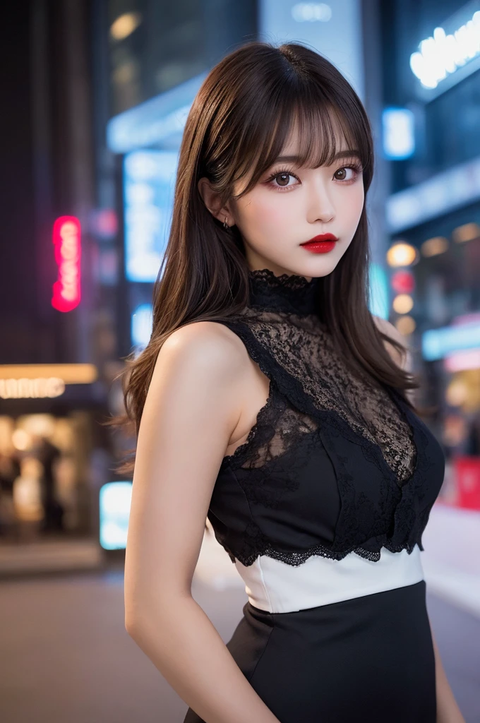 (((City of night:1.3, outdoor, Photographed from the front))), ((long hair:1.3,lace dress,Smile,japanese woman,cute)), (clean, natural makeup), (highest quality, masterpiece:1.3, 超High resolution), (Super detailed, caustics), (realistic:1.4, RAW shooting), very detailed, High resolution, 16K resolution
