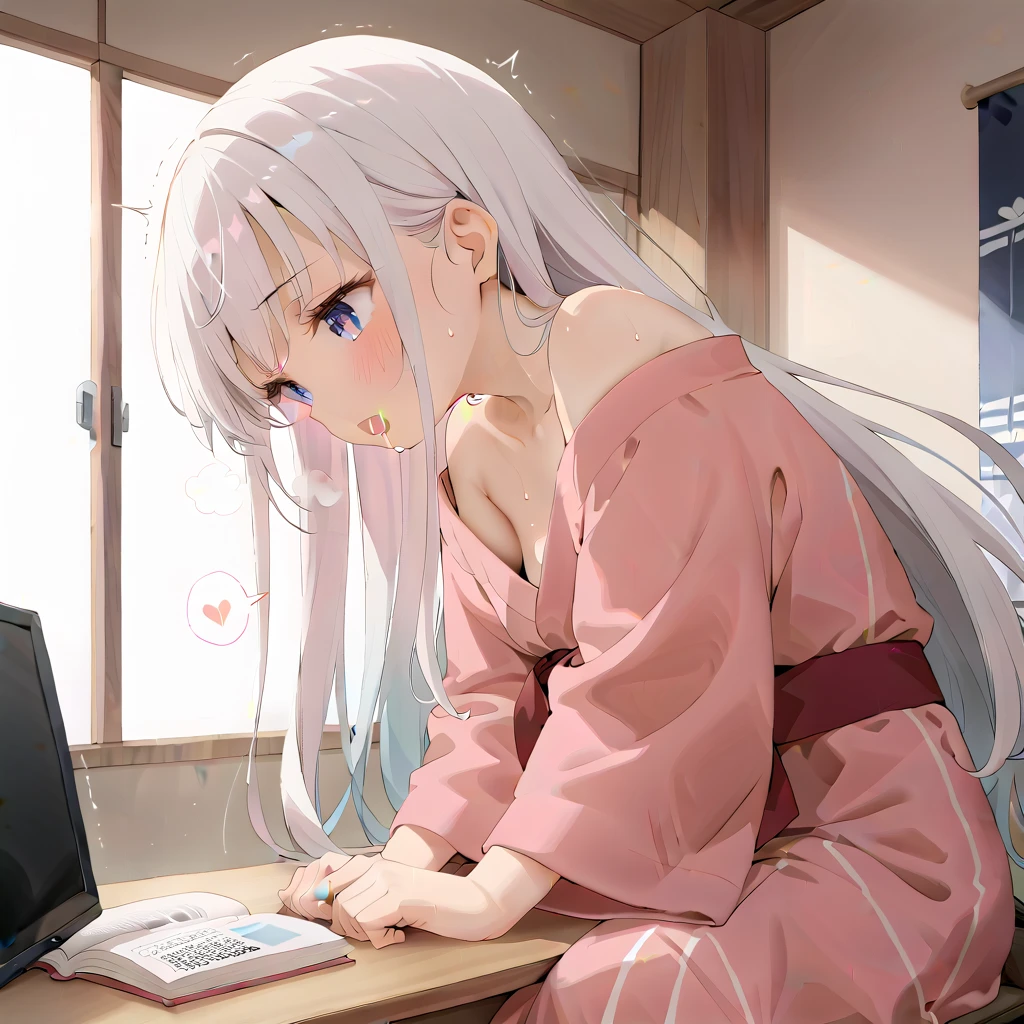 (masterpiece,beautiful,hughres,CG,8k,16k,best quality,high-resolution,detailed eyes:1.5),anime,source anime,illustration,(face close up:1.2),from side,(1girl,Alone:1.5),(indoor:1.5),Glass window,(Open book),Planting,(across table:1.6),(kotatsu:1.6),(in the kotatsu:1.6),(head down:1.6), reading a book,Plunge into the kotatsu ,profile,(arms at sides,Put your arm in the kotatsu ,no-hands,no-arm:1.5),(white hair:1.5),blue eyes,(very long hair,straight hair,bangs:1.4),( light pink yukata :1.5),(off-shoulder),small breasts,(sitting),( masturbating inside the kotatsu:1,3),(female orgasm:1.3),(trembling:1.4),(gasping,heavy breathing,blush:1.5),(impatience1.1),flustered,(fidgeting around:1.4),(steam:1.2),(sweat skin,sweat:1.4),(streaming tears:1.3),(drooling:1.1),(looking away:0.5),(looking down:1.4),(spoken heart:1.3),(narrow one's eyes:1.6),(open mouth:1.2)