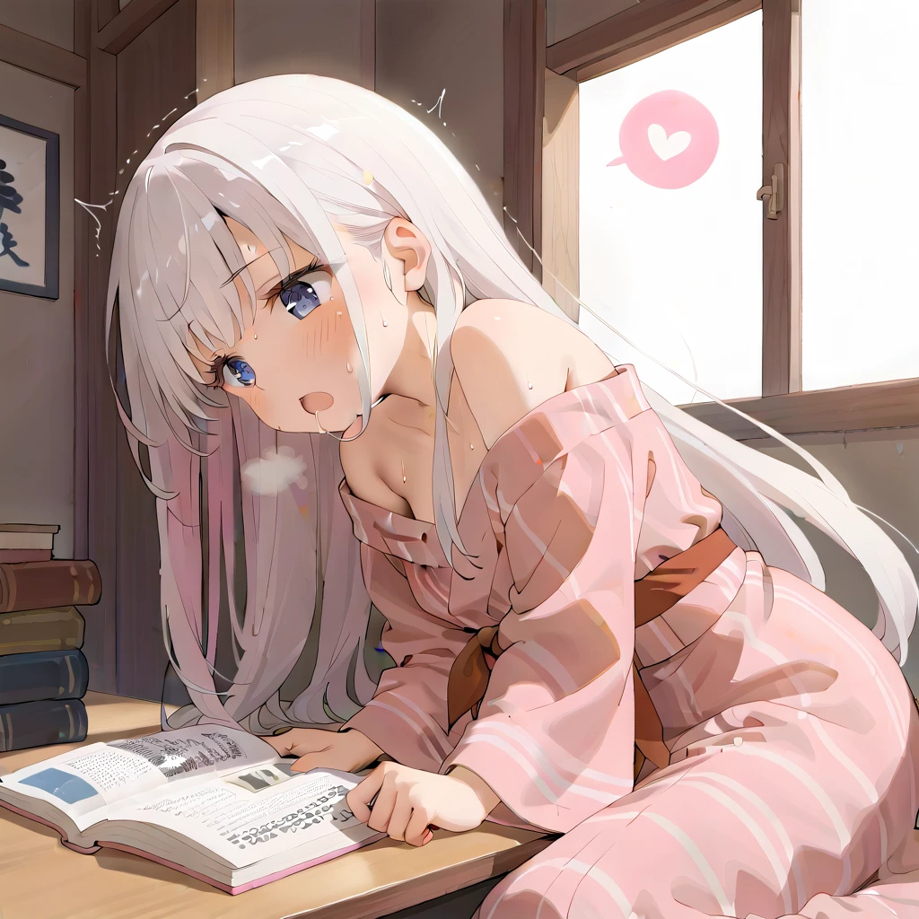 (masterpiece,beautiful,hughres,CG,8k,16k,best quality,high-resolution,detailed eyes:1.5),anime,source anime,illustration,(face close up:1.2),from side,(1girl,Alone:1.5),(indoor:1.5),Glass window,(Open book),Planting,(across table:1.6),(kotatsu:1.6),(in the kotatsu:1.6),(head down:1.6), reading a book,Plunge into the kotatsu ,profile,(arms at sides,Put your arm in the kotatsu ,no-hands,no-arm:1.5),(white hair:1.5),blue eyes,(very long hair,straight hair,bangs:1.4),( light pink yukata :1.5),(off-shoulder),small breasts,(sitting),( masturbating inside the kotatsu:1,3),(female orgasm:1.3),(trembling:1.4),(gasping,heavy breathing,blush:1.5),(impatience1.1),flustered,(fidgeting around:1.4),(steam:1.2),(sweat skin,sweat:1.4),(streaming tears:1.3),(drooling:1.1),(looking away:0.5),(looking down:1.4),(spoken heart:1.3),(narrow one's eyes:1.6),(open mouth:1.2)