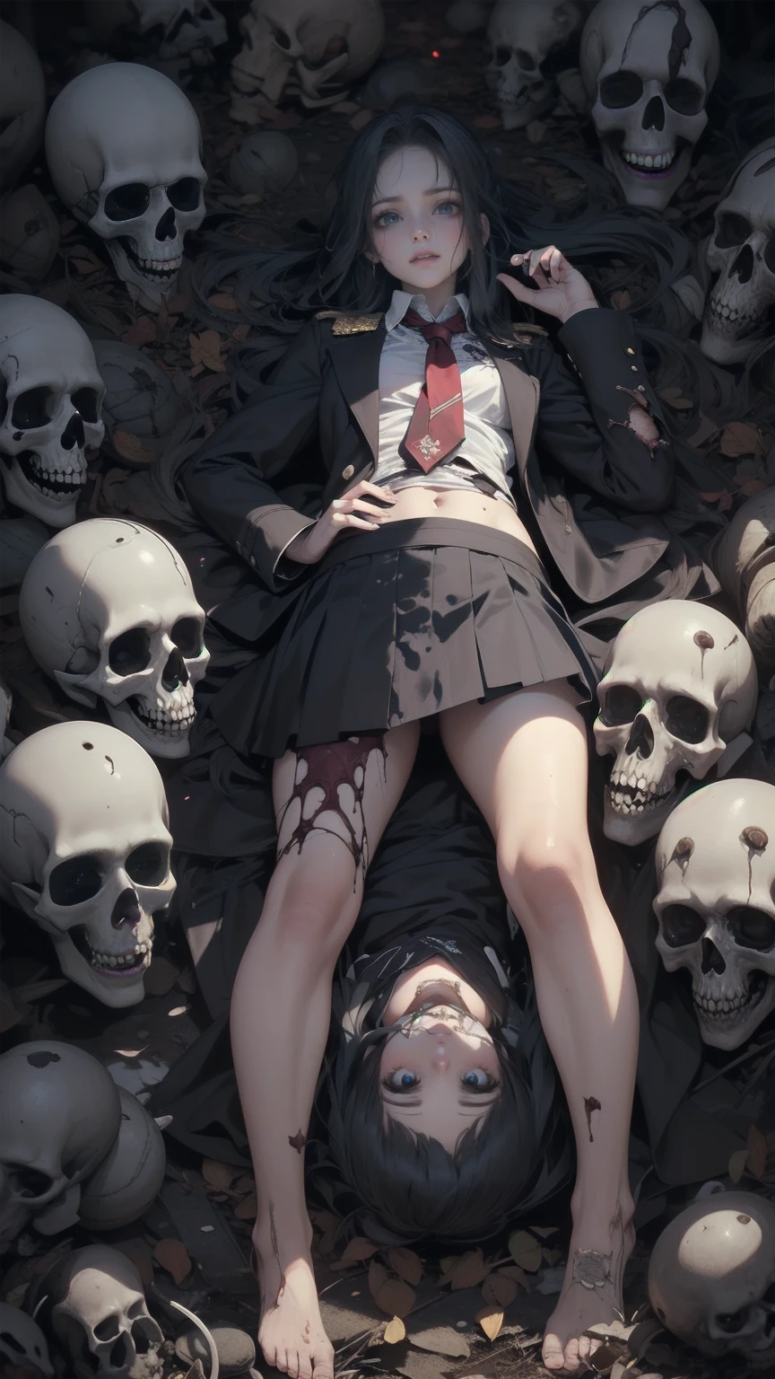  anime style .  a girl with long hair and blue eyes、 wear a uniform、((A true masterpiece ,   ultimate perfect quality  , Very delicate details, true anatomy)),(( grotesque,  horror)), (It was a decaying  、 severely damaged ,  Decaying ),  a slender drowned girl ,  Photo with ,  with dark dark eyes ,  wearing school uniforms , Shirt and skirt 
