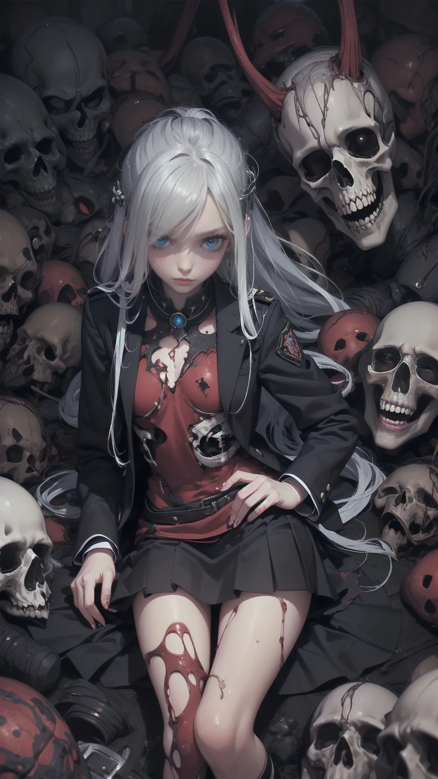  anime style .  a girl with long hair and blue eyes、 wear a uniform、((A true masterpiece ,   ultimate perfect quality  , Very delicate details, true anatomy)),(( grotesque,  horror)), (It was a decaying  、 severely damaged ,  Decaying ),  a slender drowned girl ,  Photo with ,  with dark dark eyes ,  wearing school uniforms , Shirt and skirt 
