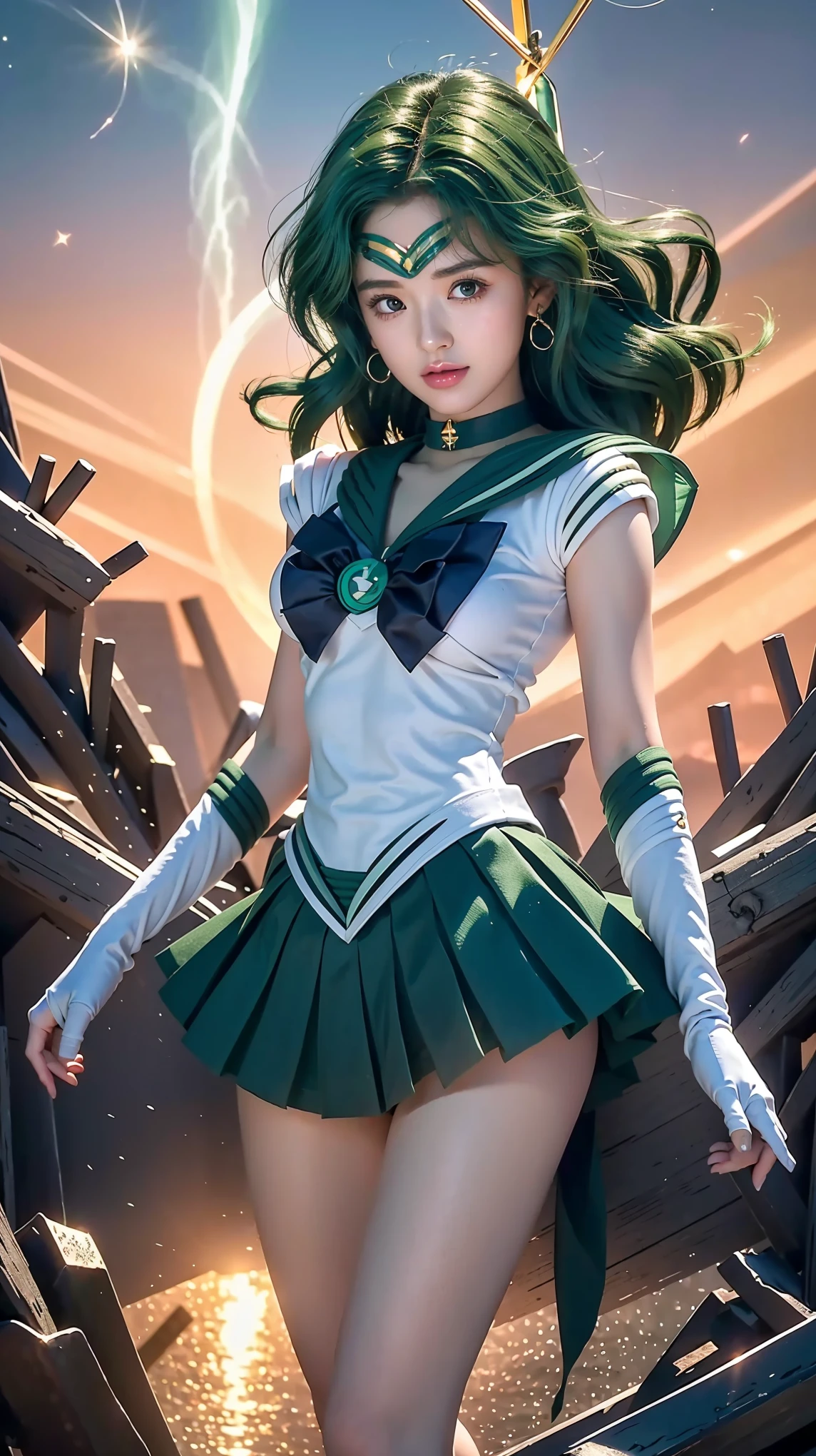 1 girl, sailor senshi uniform, (sailor neptune:1.8), ulzzang-6500-v1.1, pureerosface_v1, best quality, masterpiece, illustration, (realistic, photo-realistic:1.37), amazing, fine details, extraordinarily absurd resolution, large file size, ultra-detail, high resolution, CG unity 8k wallpaper yang sangat detail, beautiful girl ((Emphasis on thighs)), a beautiful girl with intricate details, a young and beautiful Japanese woman, legs open up to the knees, ((sailor warrior uniform)), Sailor Neptune, ribbon, knee-high boots, choker necklace, white gloves, elbow-length gloves, green choker necklace, earrings for a solitary woman, ((ultra short green pleated skirt)), (twirling skirt), (white underwear), a very beautiful, cute face, Cute type, (slightly round face), baby face, shiny red lips, big and beautiful eyes, green eyes, Prominent double eyelids, (natural makeup), soft and glowing shine, (((green hair))), long and floating green hair, floating green hair, hot sexy body, Large breasts, firm and big breasts, slightly open cleavage, sexy waist, pleated skirt, green sailor collar, mini skirt, green choker, white gloves, earrings, slightly shimmering sweat, skin curves, smooth white skin, detailed fingers, (dark green), 【image center, 8k resolution,】 Attention to Detail, intricate hairstyle, detailed aspects, super realistic, precise anatomy, perfect figure,Beautiful legs, thick thighs, (provocative and dynamic pose), (Hands drawn perfectly):3.8, realistic. shimmering reflection background, glass facade, panoramic view, blurred or hazy background