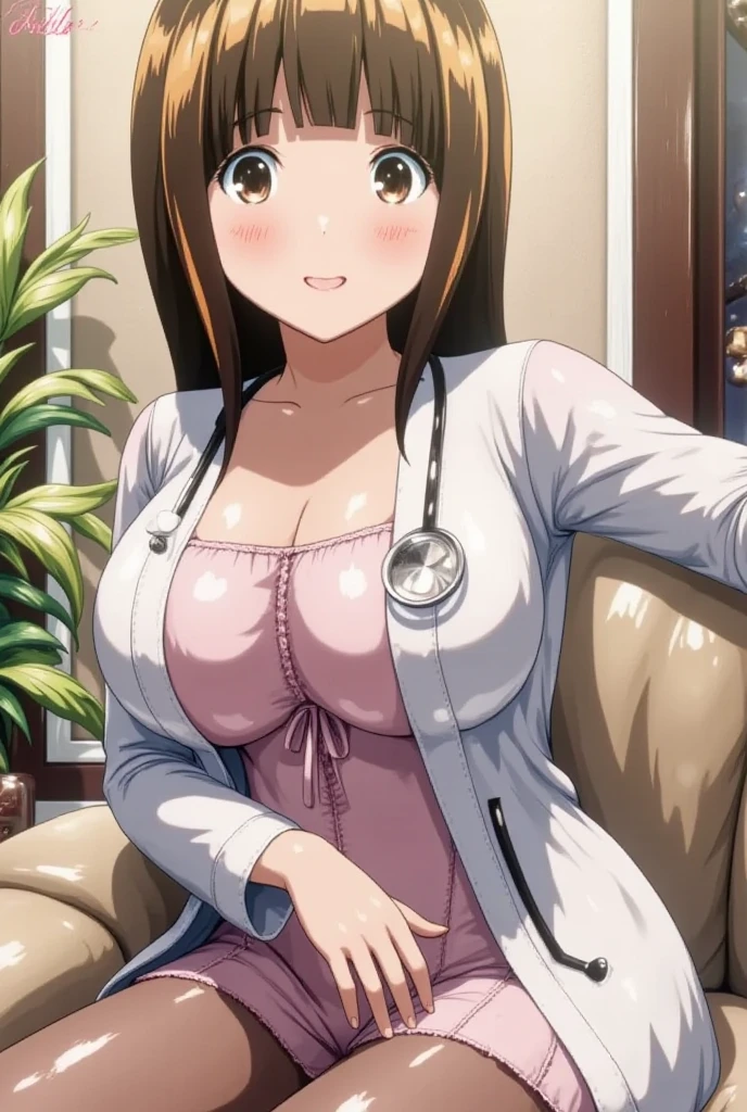 1girl, solo, looking at viewer, short hair, brown hair, brown eyes, pantyhose, lips, coat, plant, couch, realistic, labcoat, stethoscope, blinds, doctor,horseoilsocks