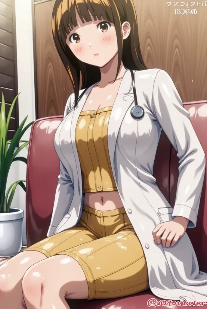 1girl, solo, looking at viewer, short hair, brown hair, brown eyes, pantyhose, lips, coat, plant, couch, realistic, labcoat, stethoscope, blinds, doctor,horseoilsocks