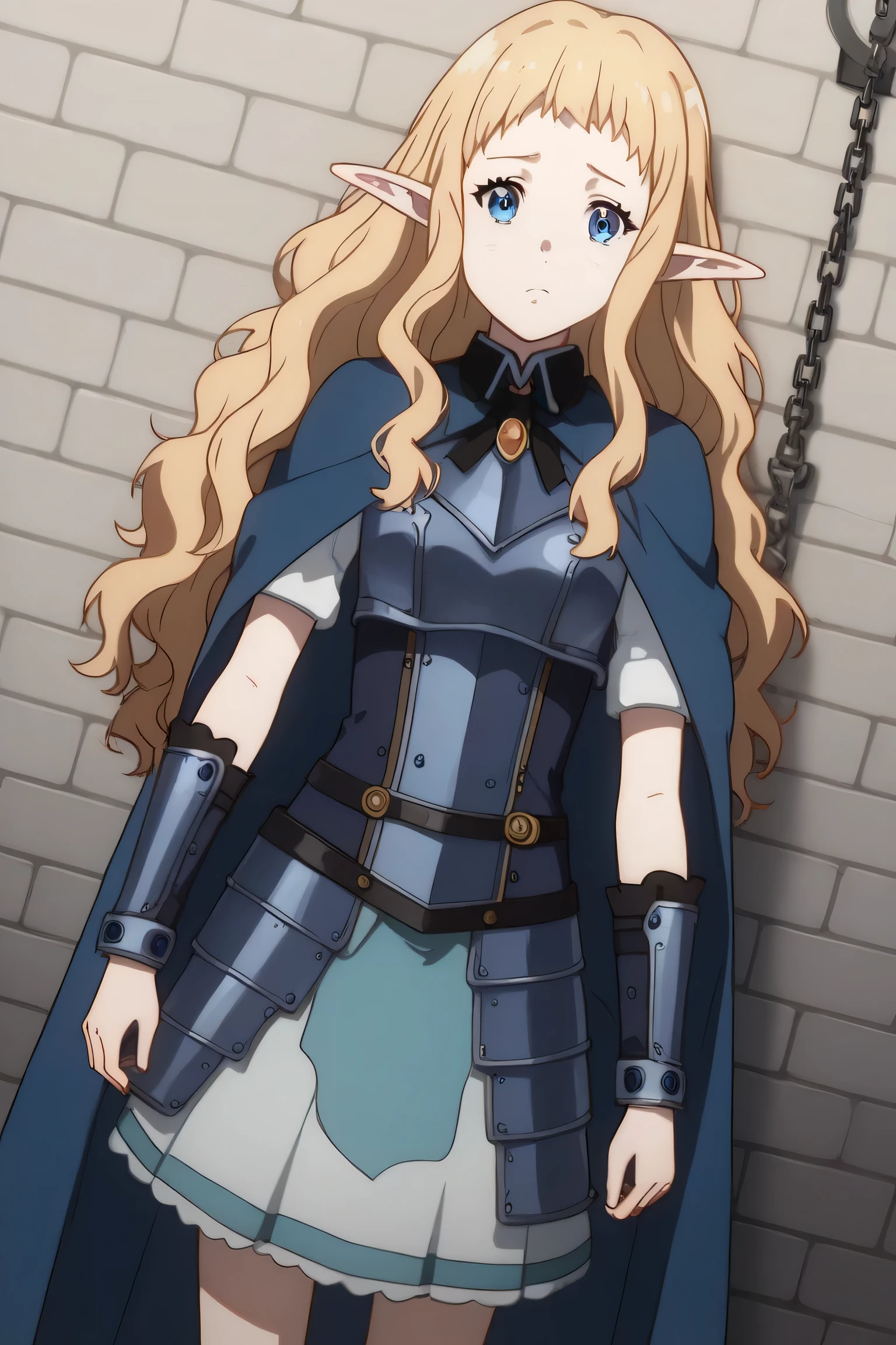 score_9, score_8_up, score_7_up, source_anime,
arche, ai shindou, long hair, blue eyes, blonds hair, wavy hair, elf ears
skirt, magician dress, lighty blue outfits, blue cape, pleated skirt, leather armor ,
Wall of gray bricks,clinged on the wall,contain by chain, sad face,
looking at viewer, cowboy shot, dutch angle, solo,