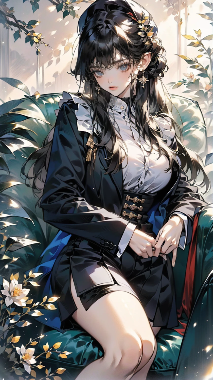 1 BEAUTIFUL MATURE BLACK ELF WOMAN  ,(masterpiece:1.3,  Top Quality :1.3,  detailed depiction :1.3,   INCREDIBLE HD   :1.3,High quality anime images),(female cavalry officer  ,  BLACK LATEX MILITARY UNIFORM AND FRENCH MAID UNIFORM:1.3,  tight skirt ,  maid apron,   bodystocking  ,beret,Cape, black tights,  boots),( Brown Skin Next to Women :1.3,  purple eyes,  with semi-closed eyes  , Shiny Lipstick ,  slender figure, Beautiful Legs,  beautiful thighs ,  High quality satin  ),(  enchanting smile, Seductive Gestures ), カウボーイが撃った,Dim atmosphere,Lighted 